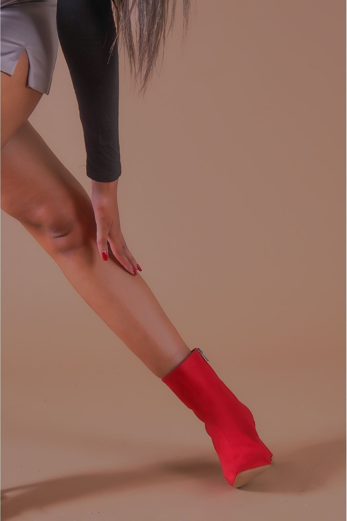Ranny Kırmızı Süet Topuklu Kadın Bot