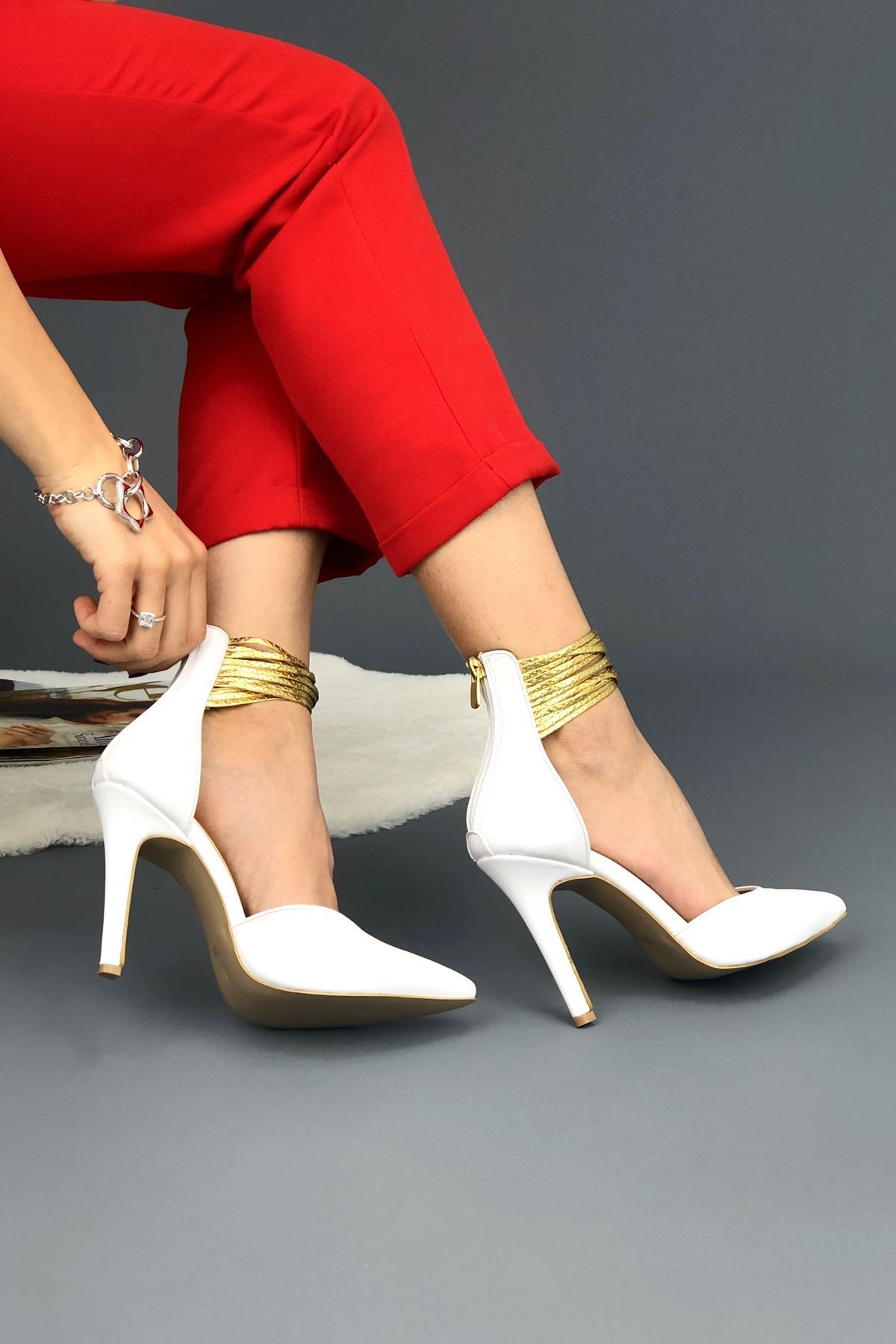 Abigail Beyaz Cilt Gold biyeli kadın Topuklu Ayakkabı
