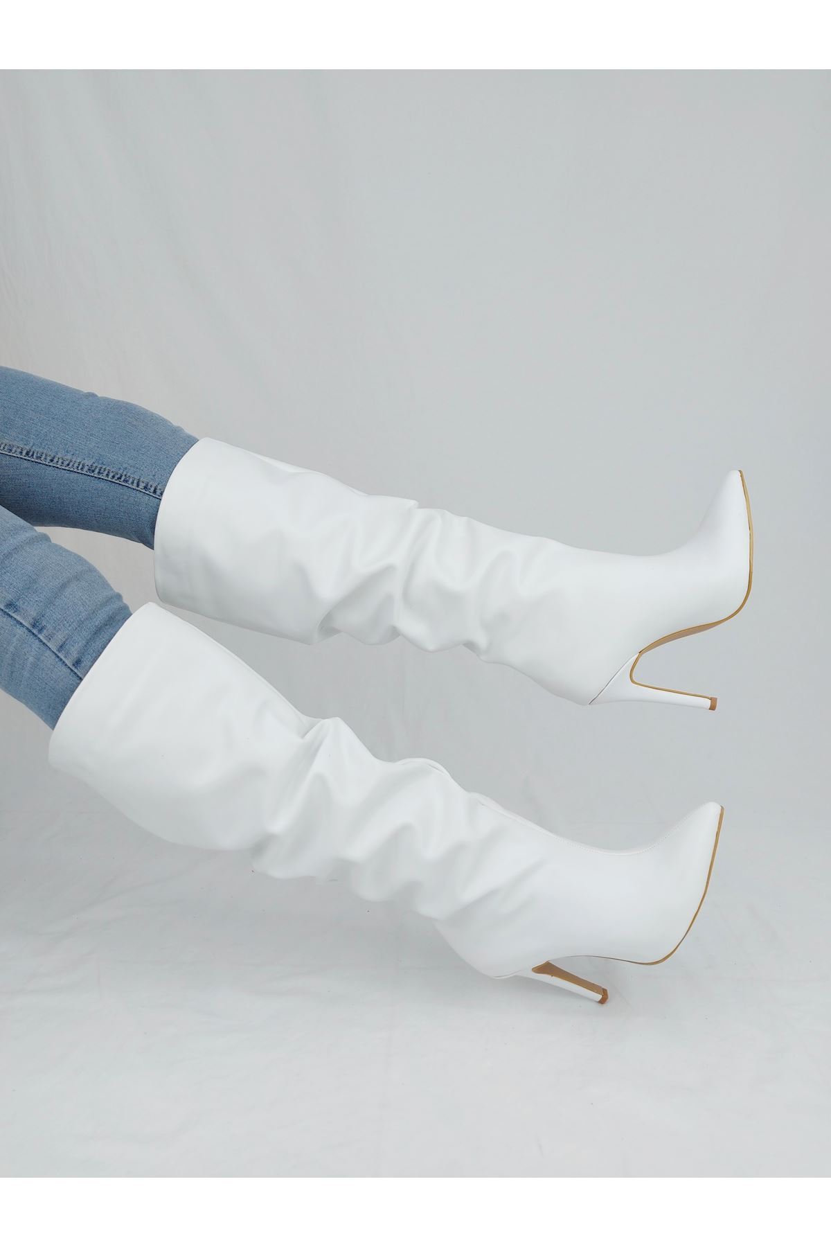 Away Beyaz Cilt Stiletto Diz Altı Topuklu Kadın Çizme