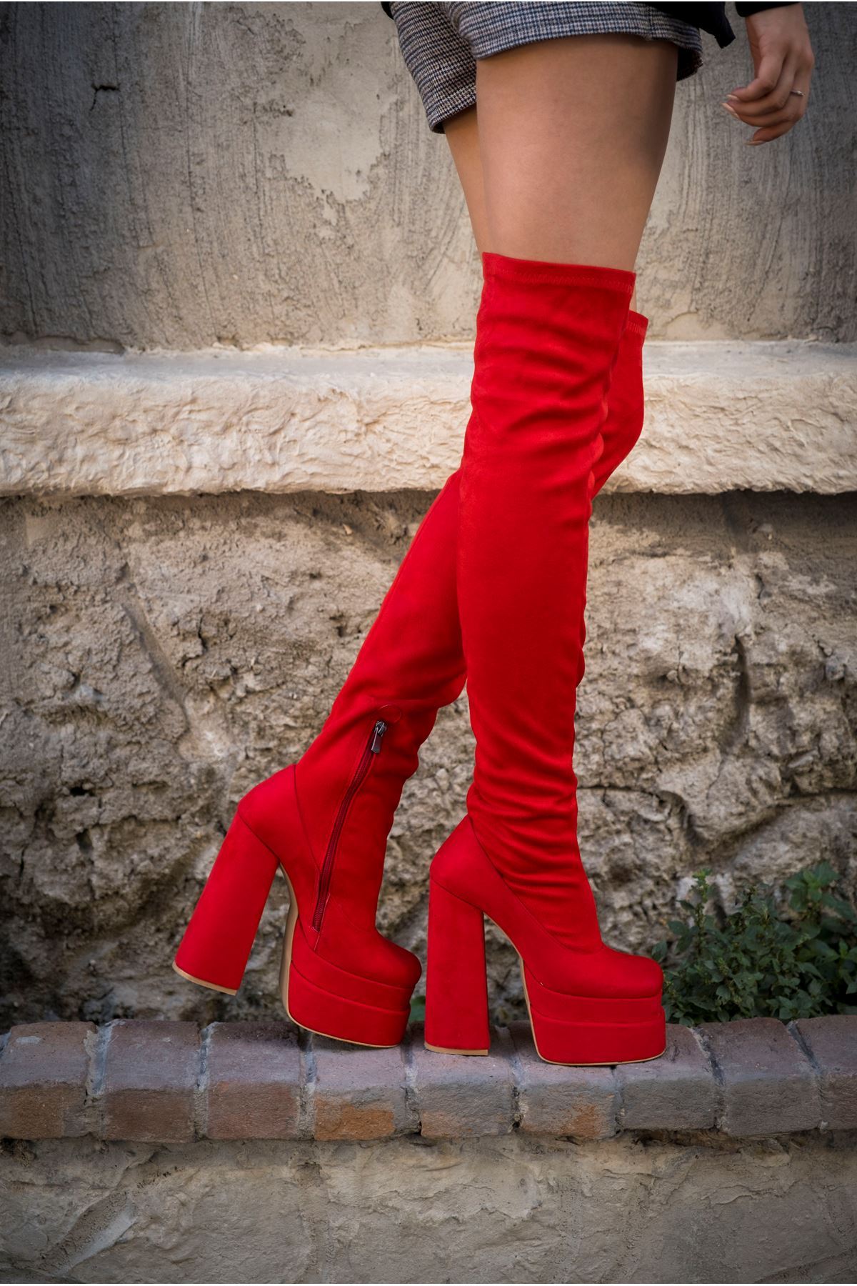 Kırmızı Süet Streç Tasarım Çift Platform  Kadın Ayakkabı Reilly