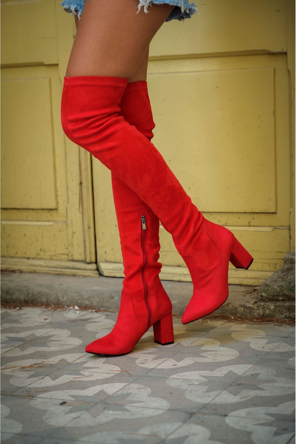FireFly Kırmızı Süet Diz Üstü Alçak Topuklu Kadın Çizme