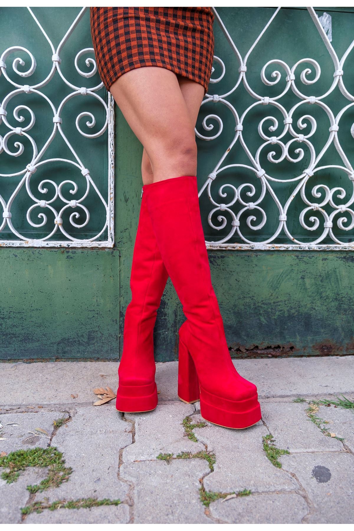 Kırmızı Süet Tasarım Çift Platform  Kadın Ayakkabı Penny