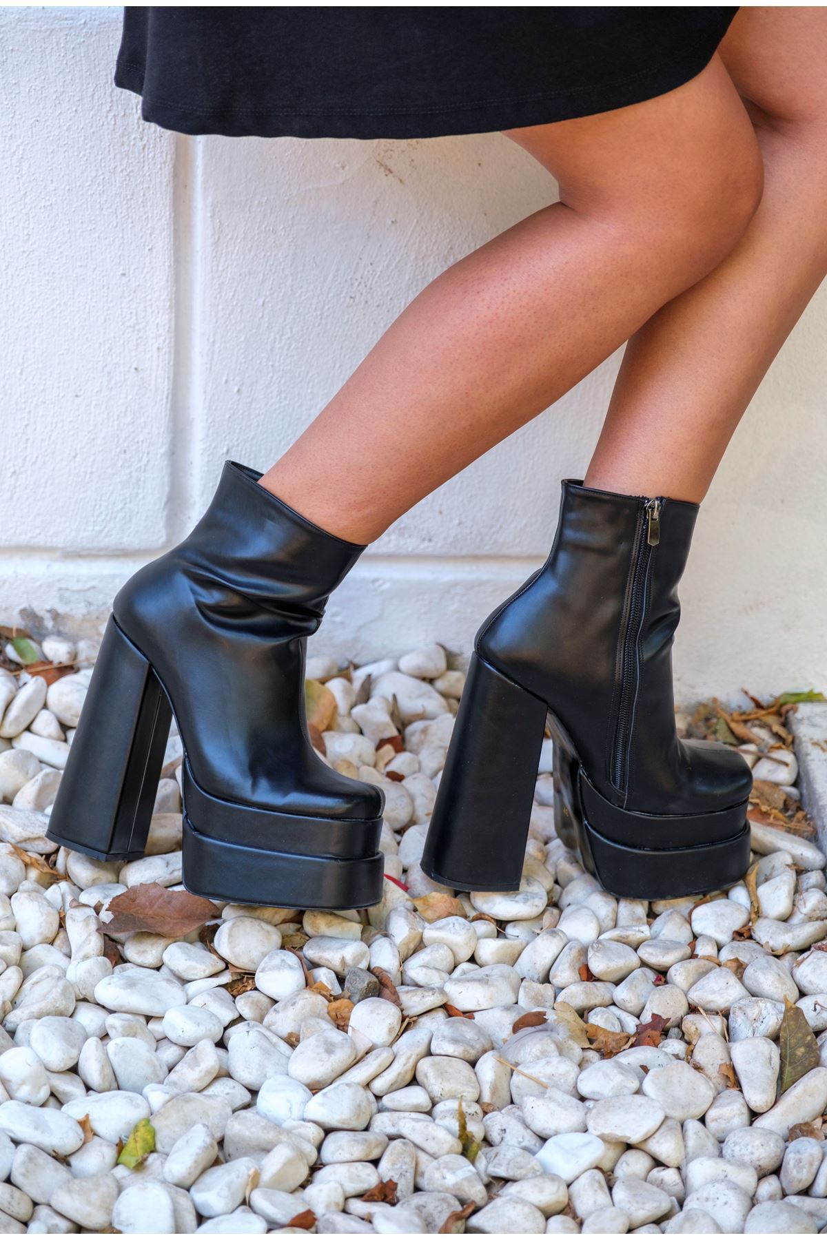 Siyah Cilt Çift  Platform Özel Tasarım Kadın Ayakkabı Vega