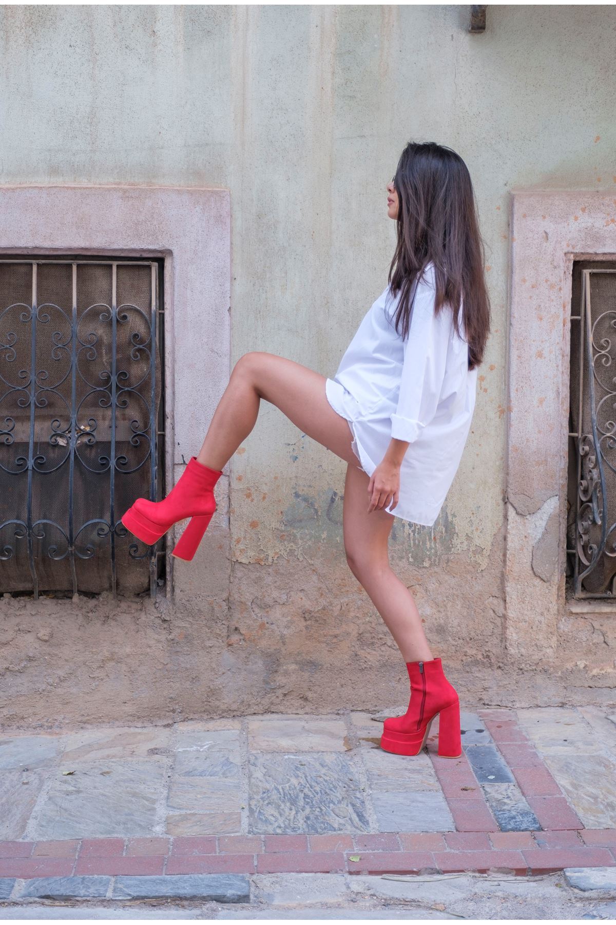 Kırmızı Süet Çift  Platform Özel Tasarım Kadın Ayakkabı Vega