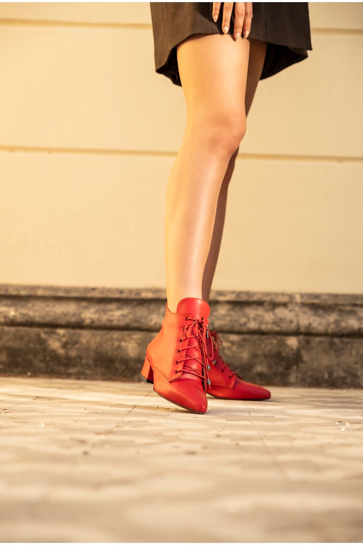 Kırmızı Cilt Tasarım Alçak Topuklu   Kadın Ayakkabı Marea