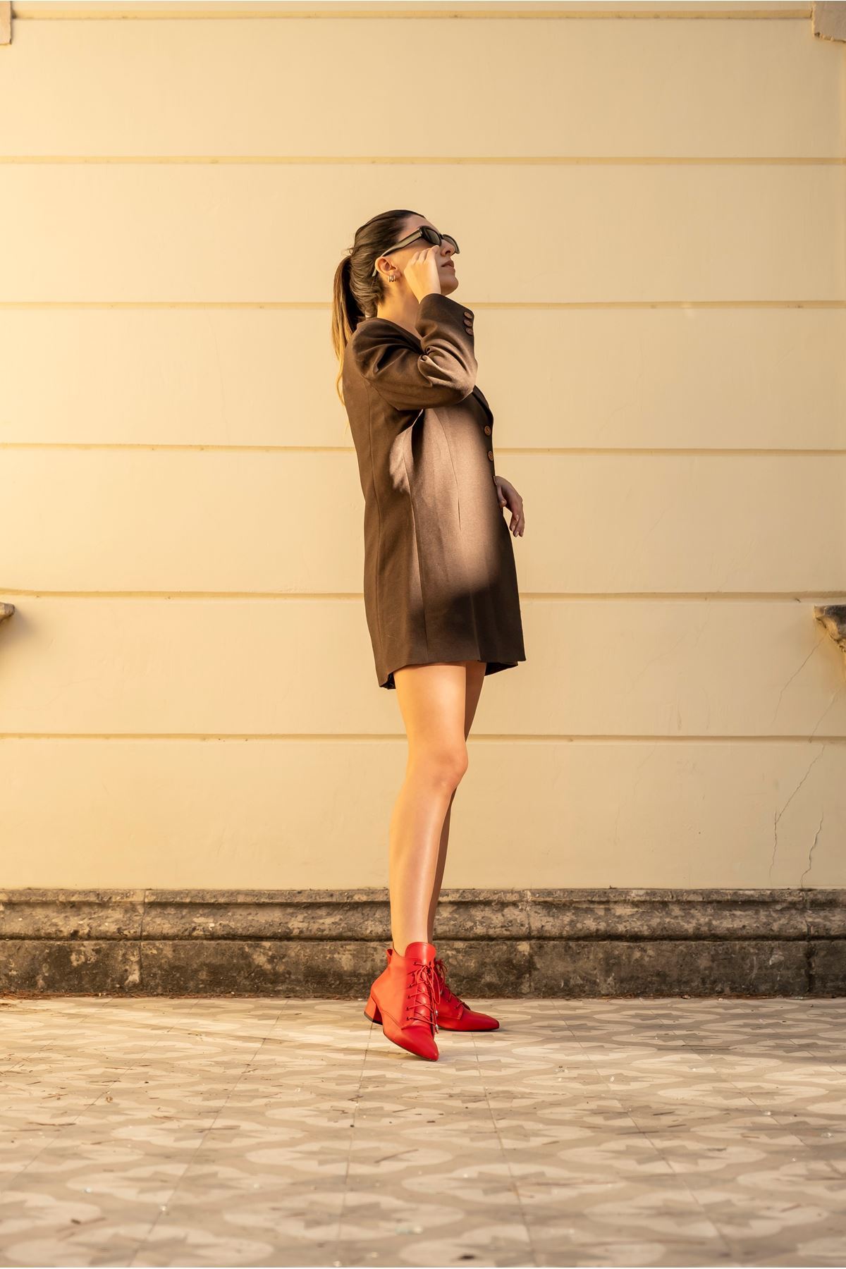 Kırmızı Cilt Tasarım Alçak Topuklu   Kadın Ayakkabı Marea