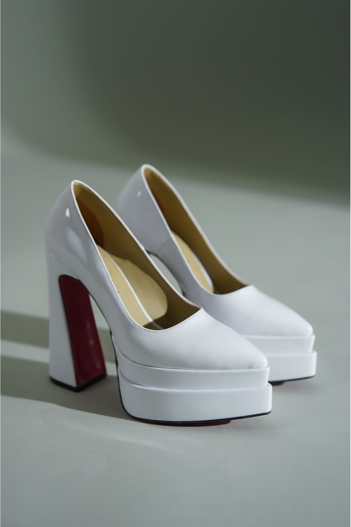 Beyaz Rugan Çift  Platform Özel Tasarım Kadın Ayakkabı Rigel