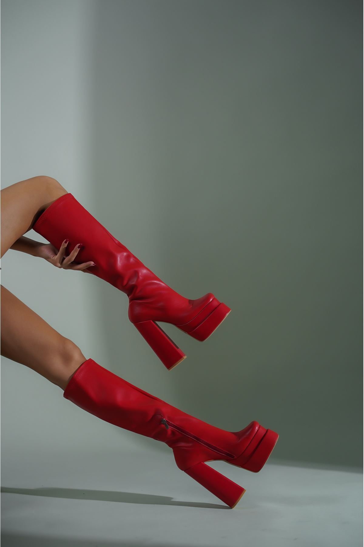 Kırmızı Cilt Streç Tasarım Çift Platform  Kadın Ayakkabı Bayon