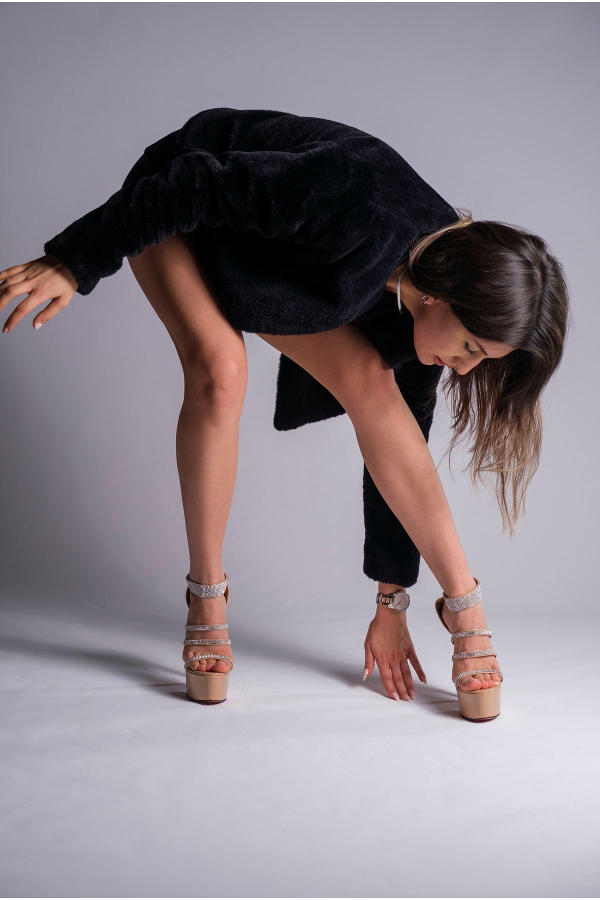 Nude Rugan Platform Tasarım Cam Kırığı Detaylı Kadın Ayakkabı  Jewelry