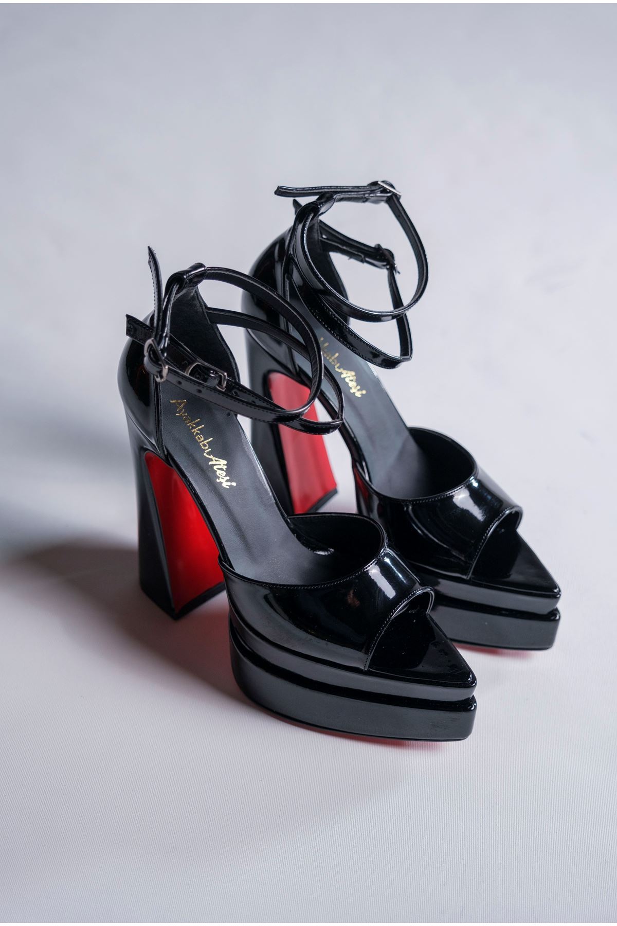 Siyah Rugan Çift  Platform Özel Tasarım Kadın Ayakkabı Otto