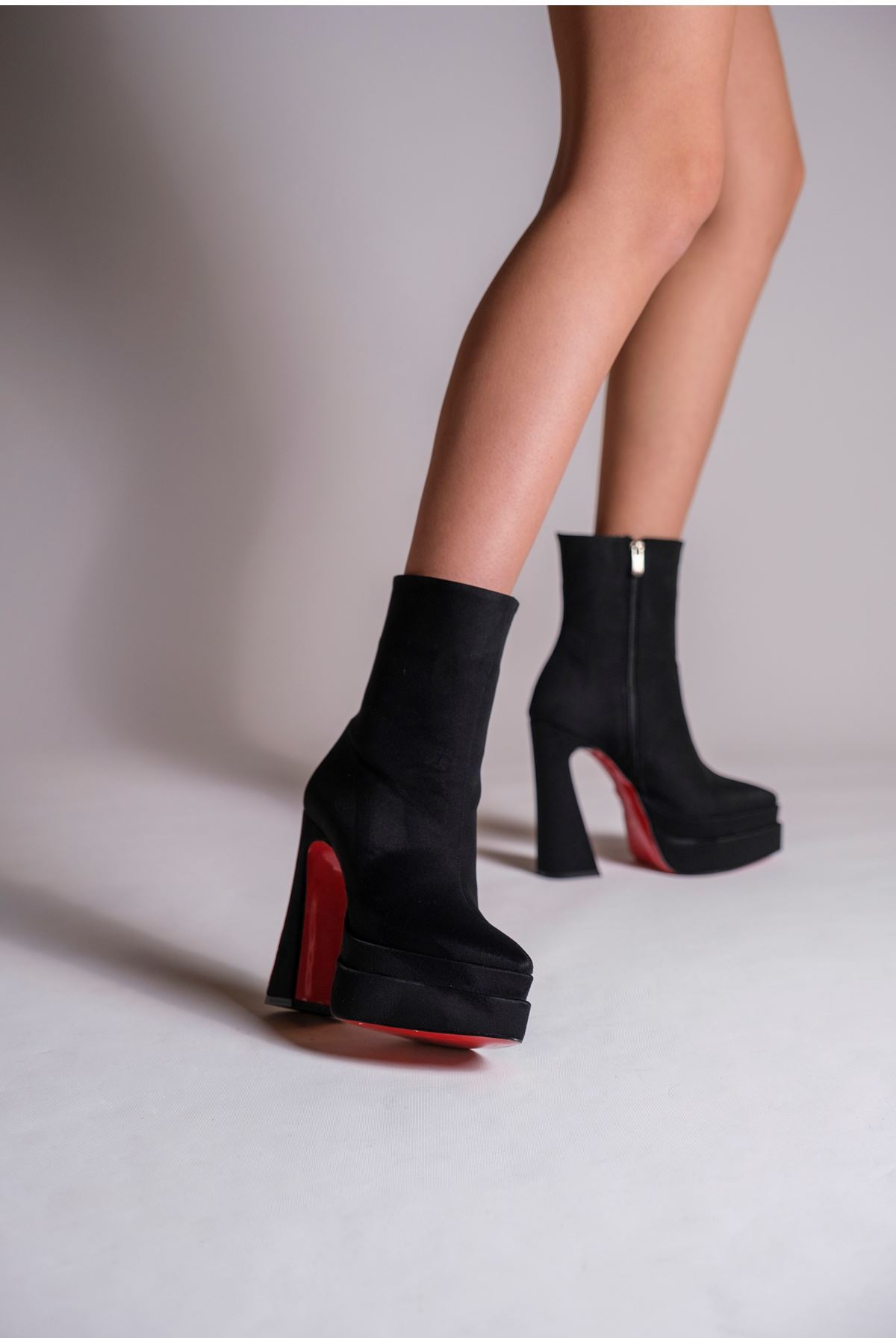 Siyah Süet Çift  Platform Özel Tasarım Kadın Bot Ayakkabı Mojo