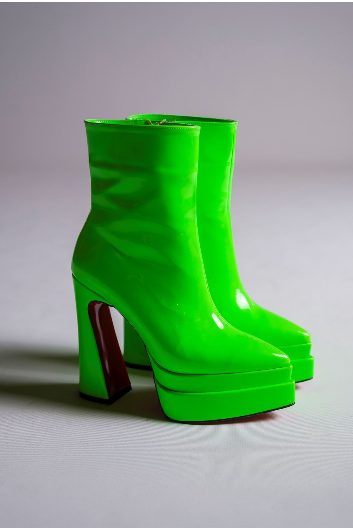 Yeşil Neon Rugan Çift  Platform Özel Tasarım Kadın Bot Ayakkabı Mojo