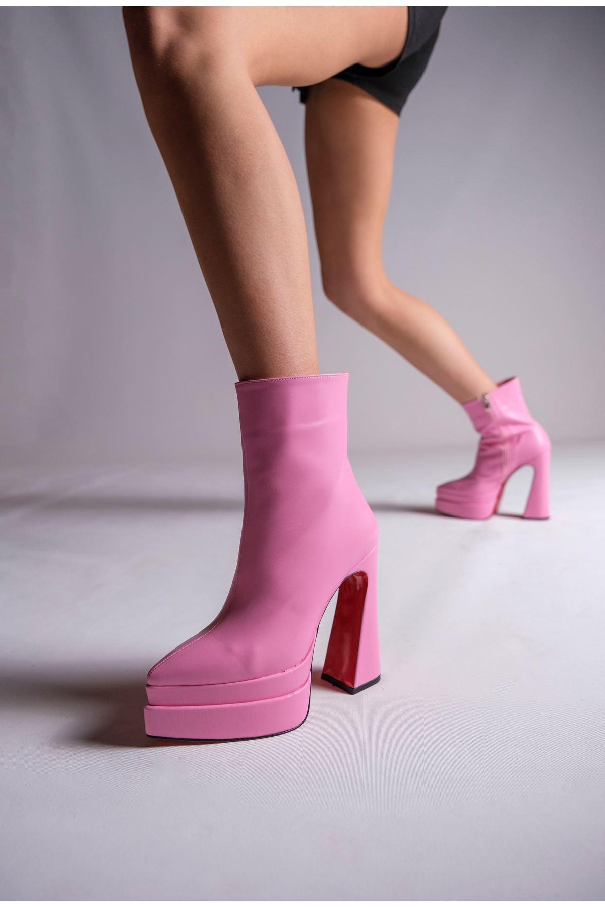 Pembe Cilt  Çift  Platform Özel Tasarım Kadın Bot Ayakkabı Mojo