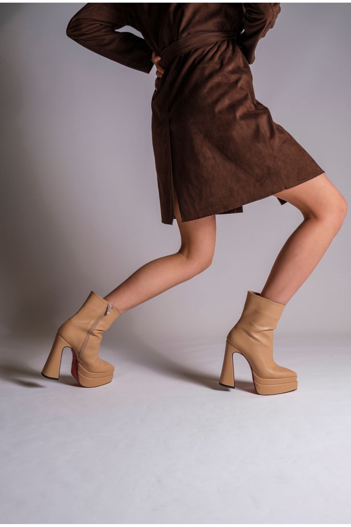 Nude Cilt  Çift  Platform Özel Tasarım Kadın Bot Ayakkabı Mojo