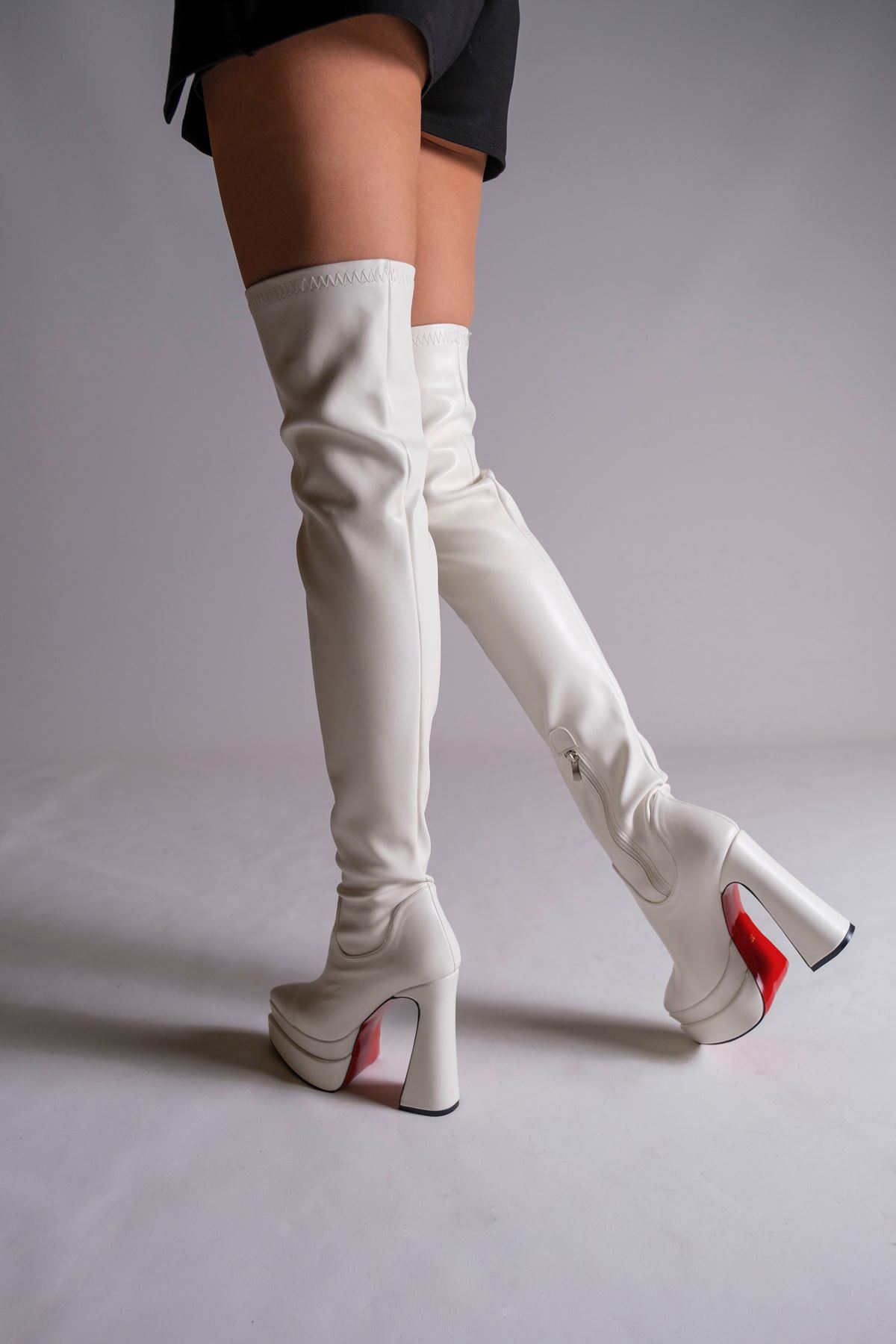 Beyaz Cilt Çift  Platform Tasarım Kadın Çizme Yüksek Topuklu Ayakkabı Brewery