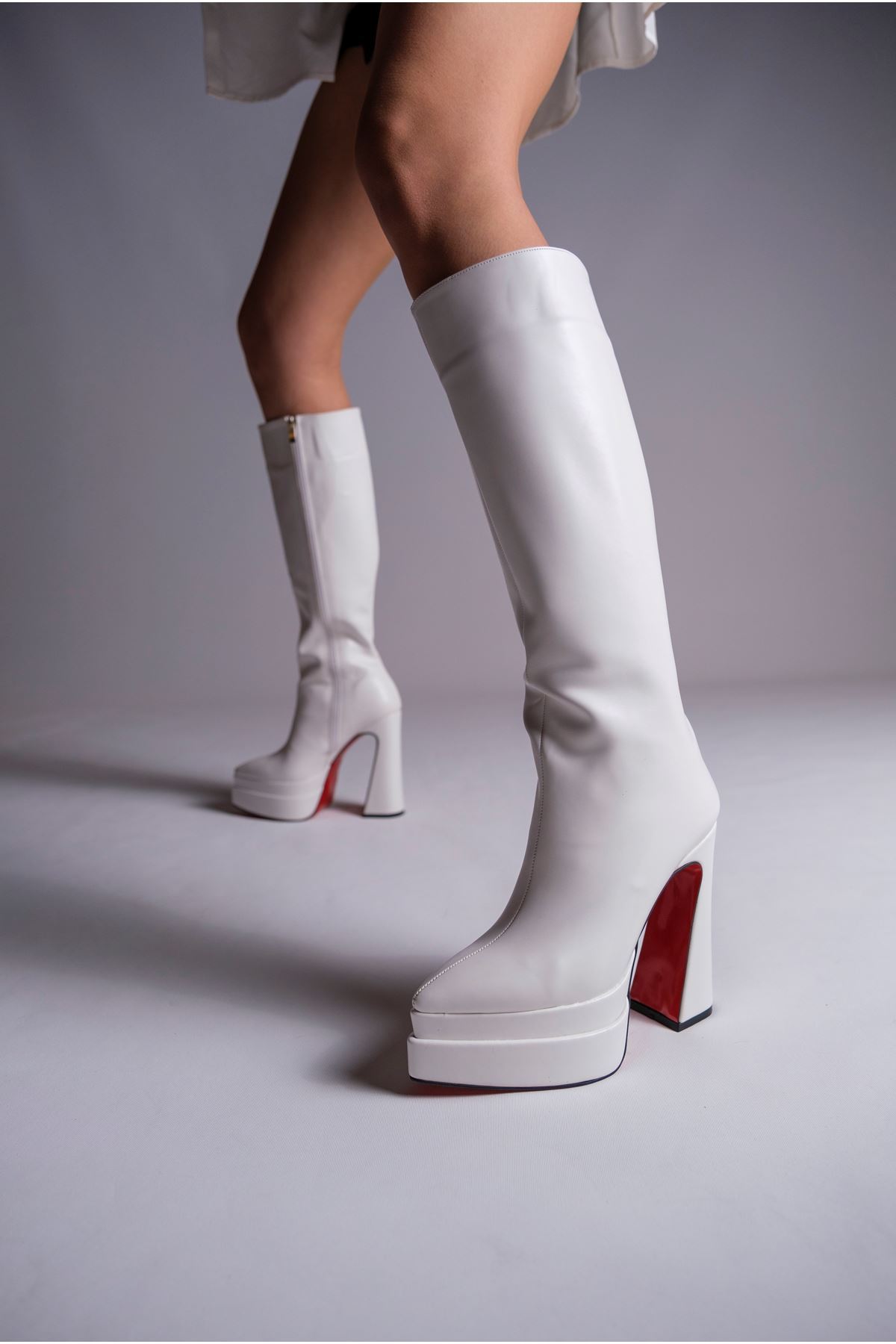 Beyaz Cilt Çift  Platform Tasarım Kadın Çizme Yüksek Topuklu Ayakkabı Jolly