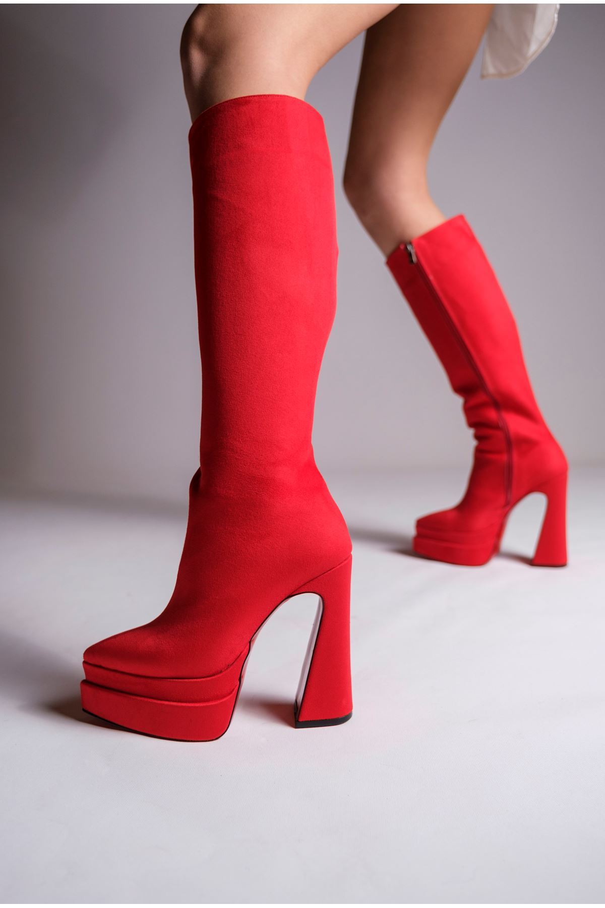 Kırmızı Süet Çift  Platform Tasarım Kadın Çizme Yüksek Topuklu Ayakkabı Jolly