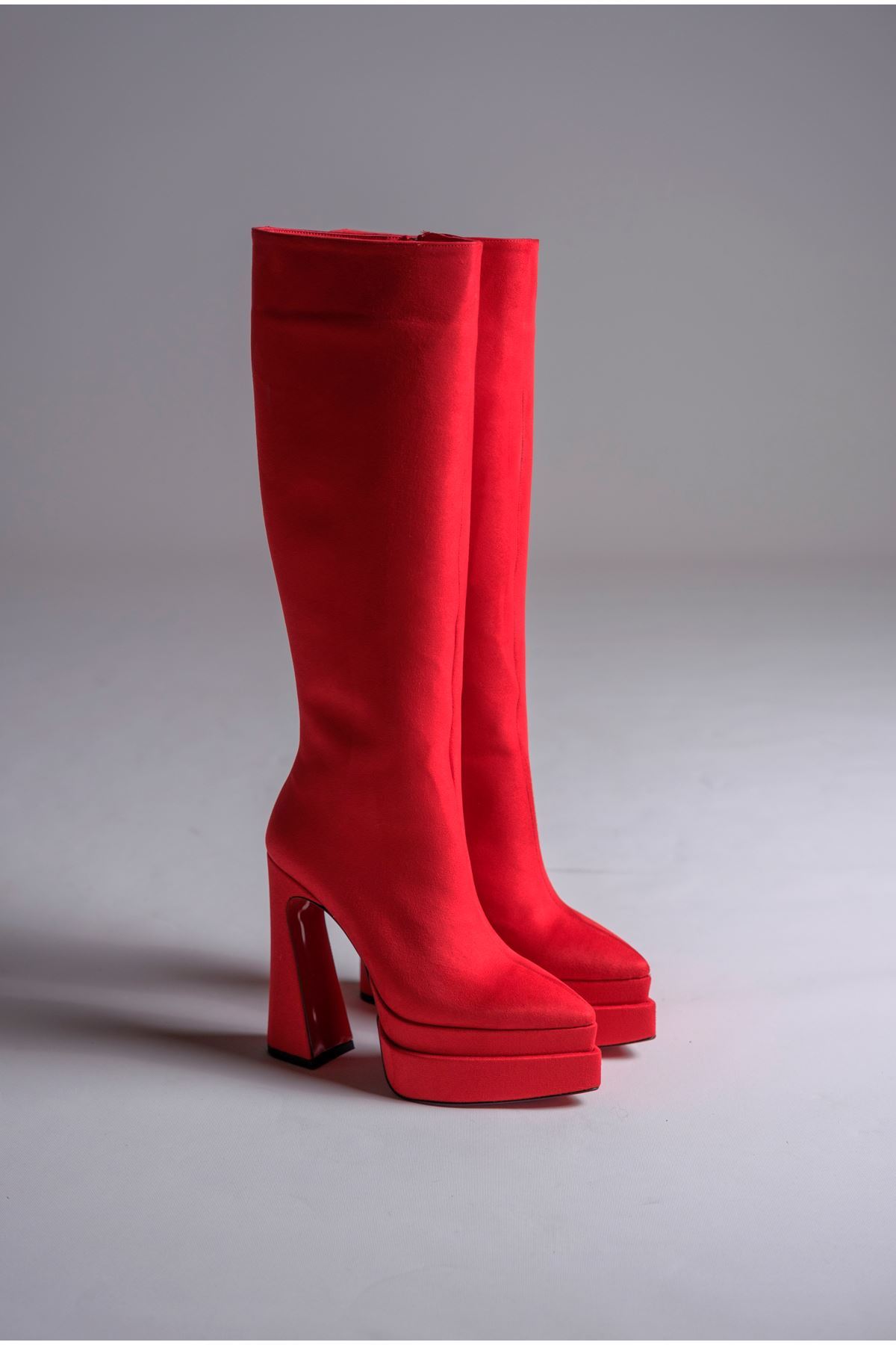 Kırmızı Süet Çift  Platform Tasarım Kadın Çizme Yüksek Topuklu Ayakkabı Jolly
