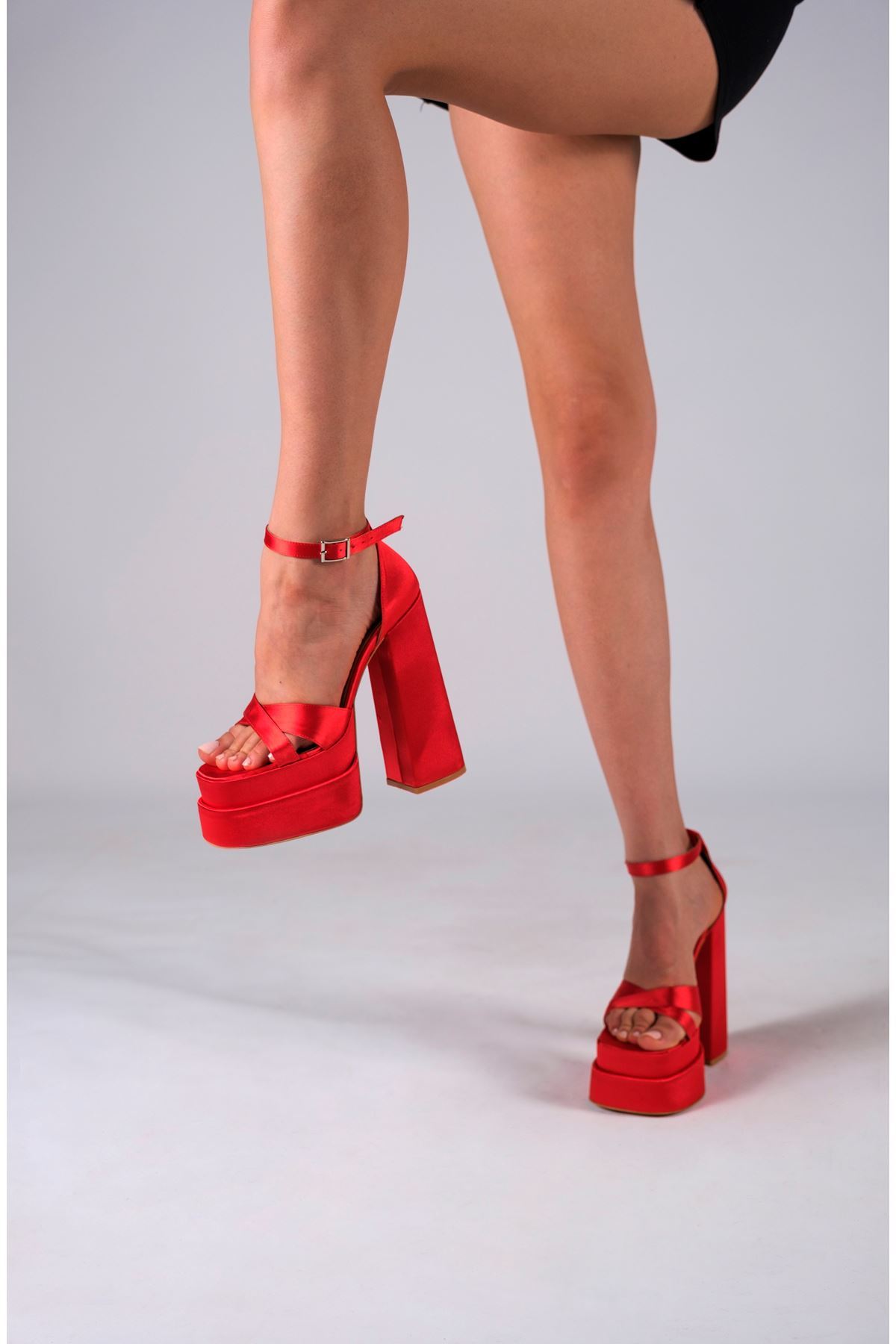 Kırmızı Saten Cilt Çift  Platform Tasarım Kadın Ayakkabı Luxury