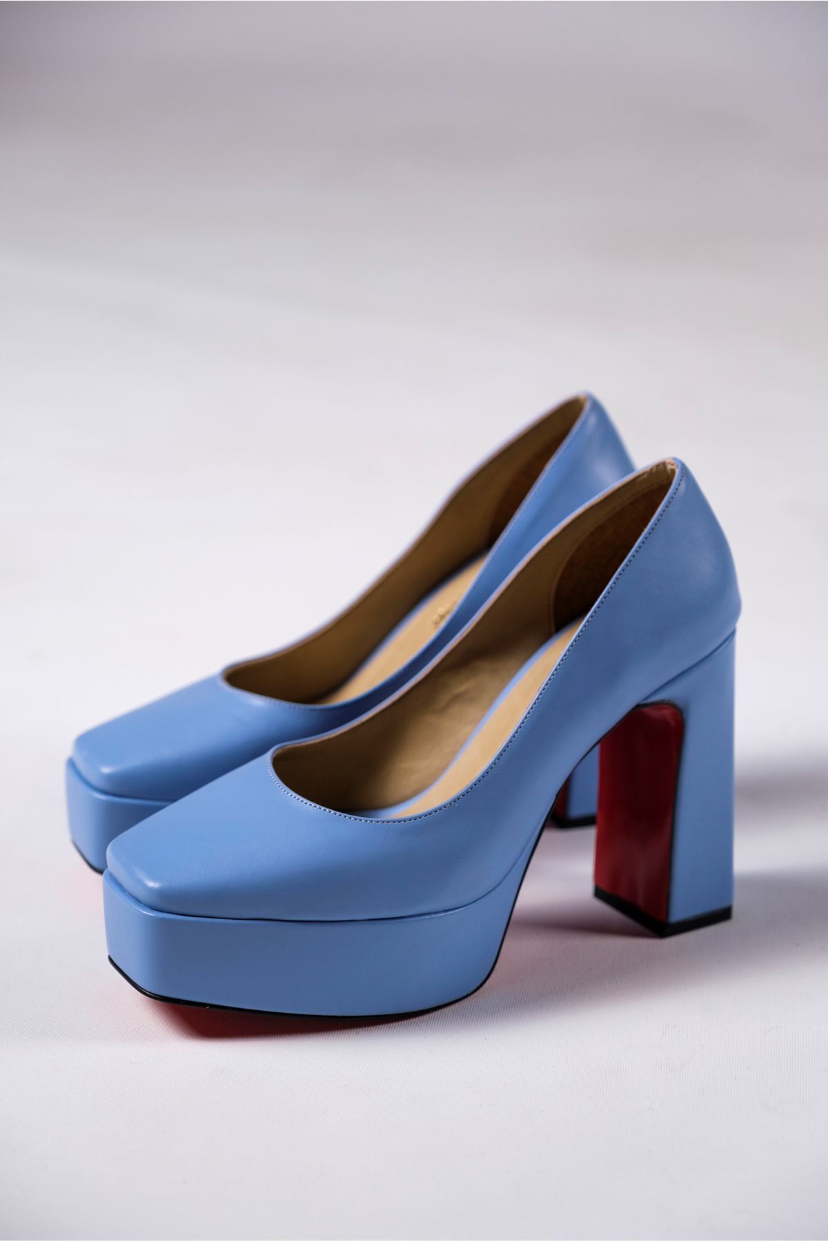 Bebe Mavi Cilt Kadın Kalın Topuklu Ayakkabı Stiletto Ecovan