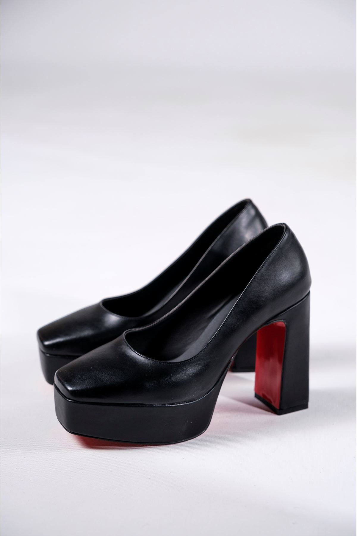 Siyah Cilt Kadın Kalın Topuklu Ayakkabı Stiletto Ecovan