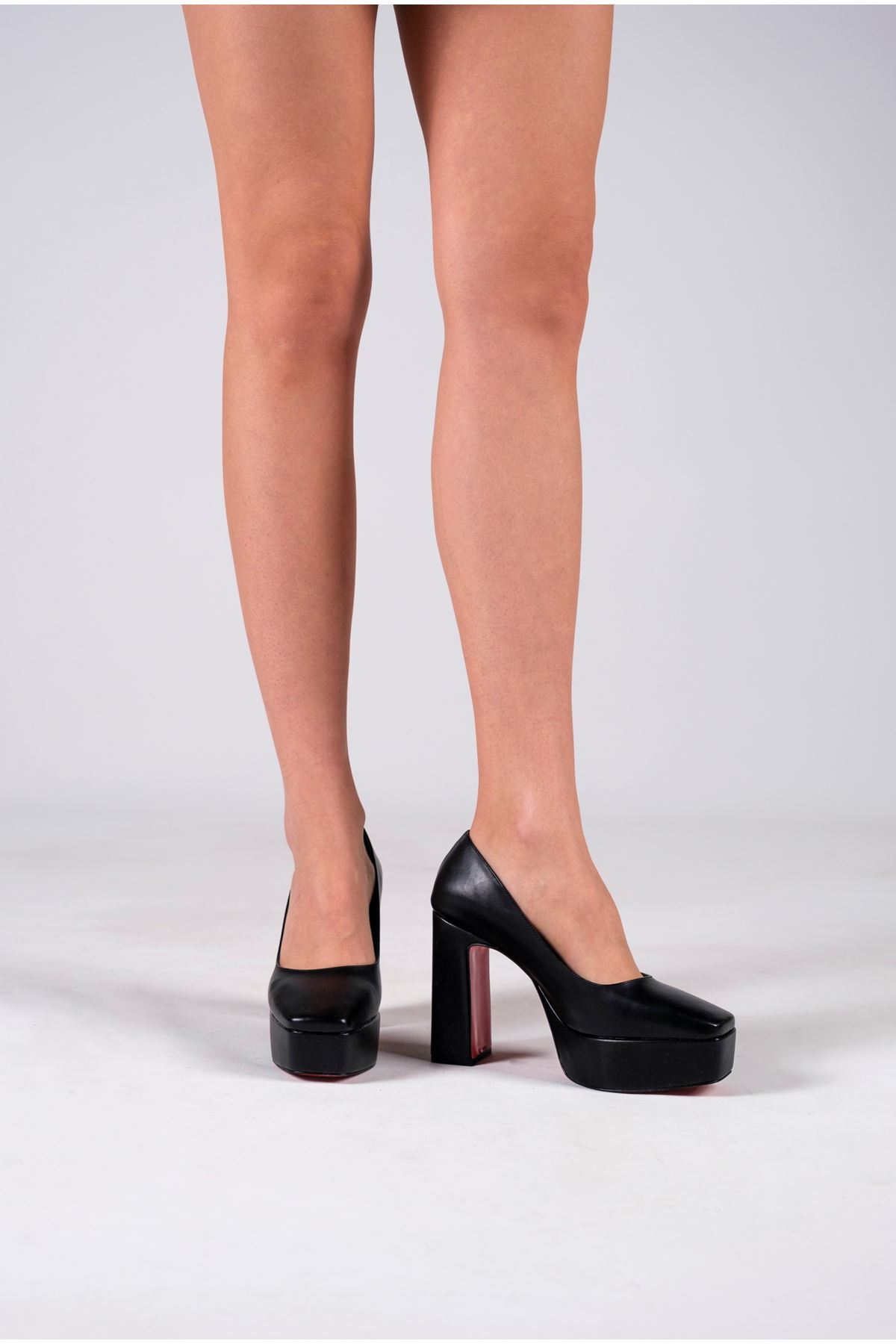 Siyah Cilt Kadın Kalın Topuklu Ayakkabı Stiletto Ecovan