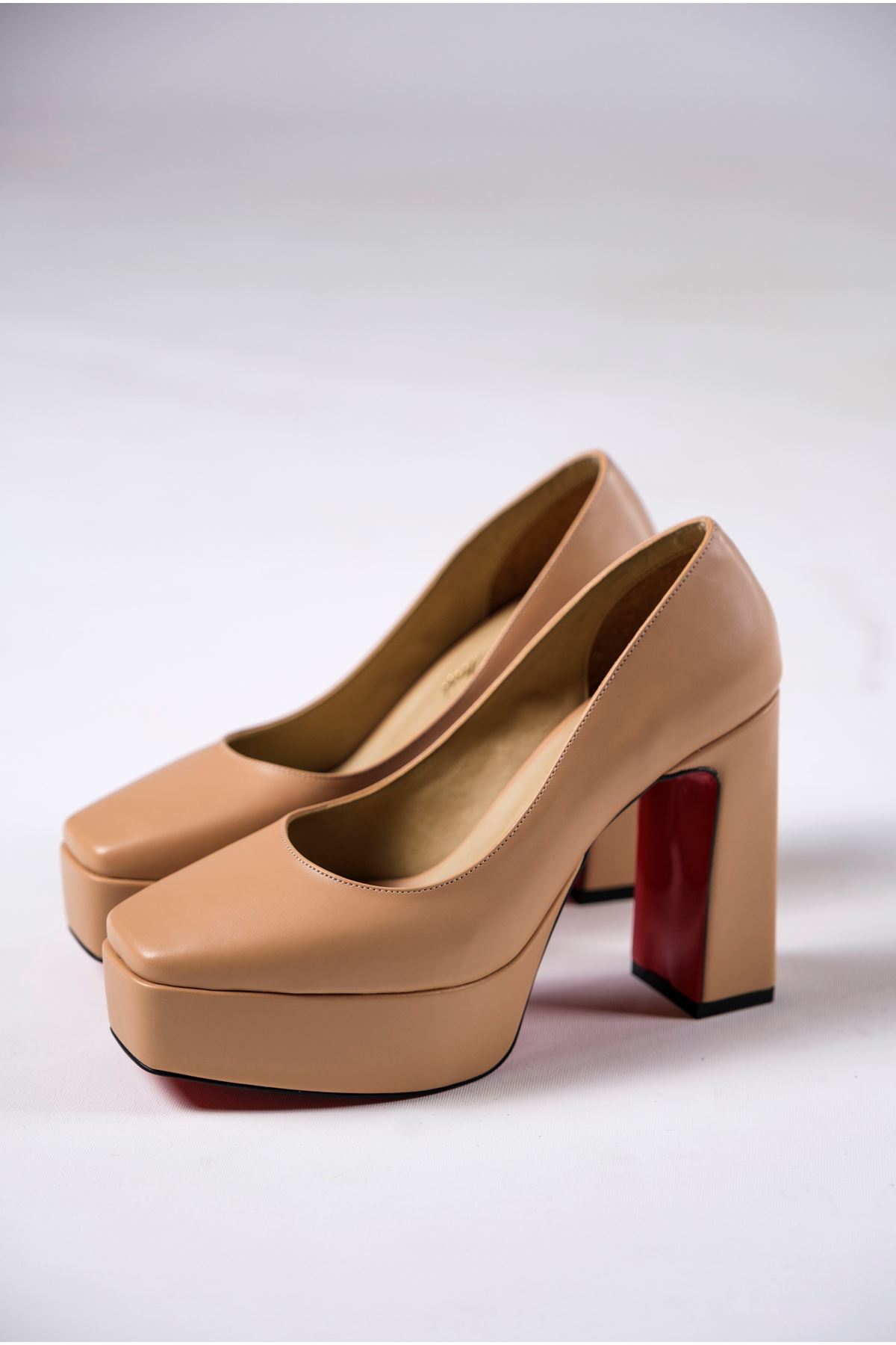 Nude Cilt Kadın Kalın Topuklu Ayakkabı Stiletto Ecovan