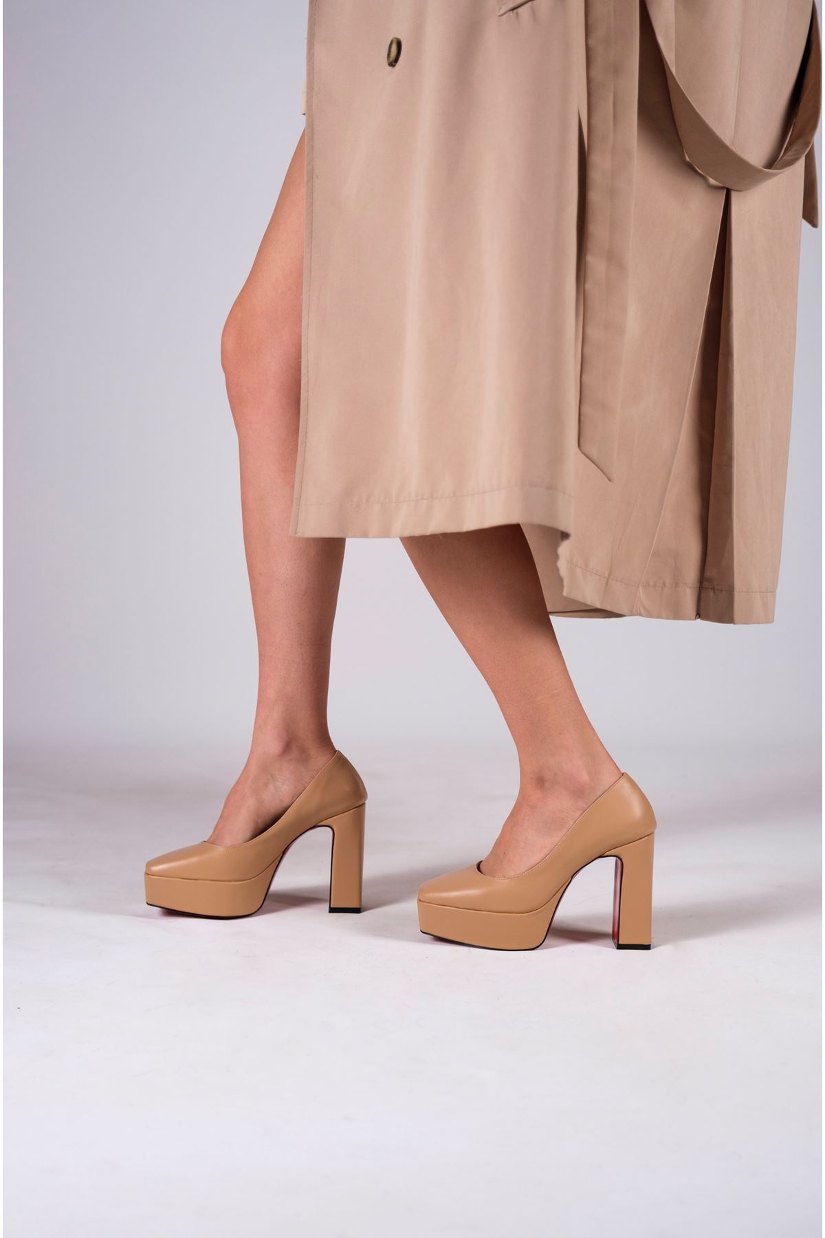 Nude Cilt Kadın Kalın Topuklu Ayakkabı Stiletto Ecovan