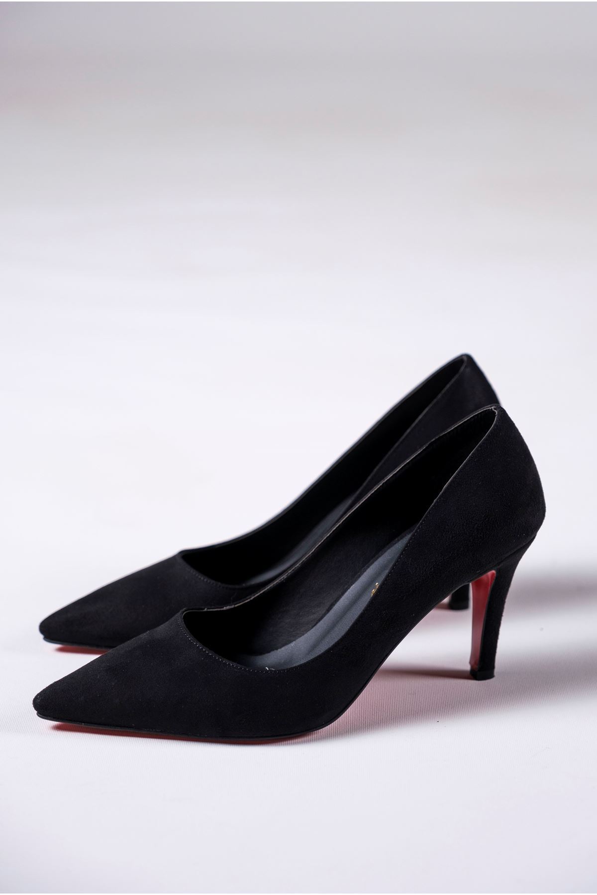 Siyah Süet Kadın İnce Topuklu Ayakkabı Stiletto Demure