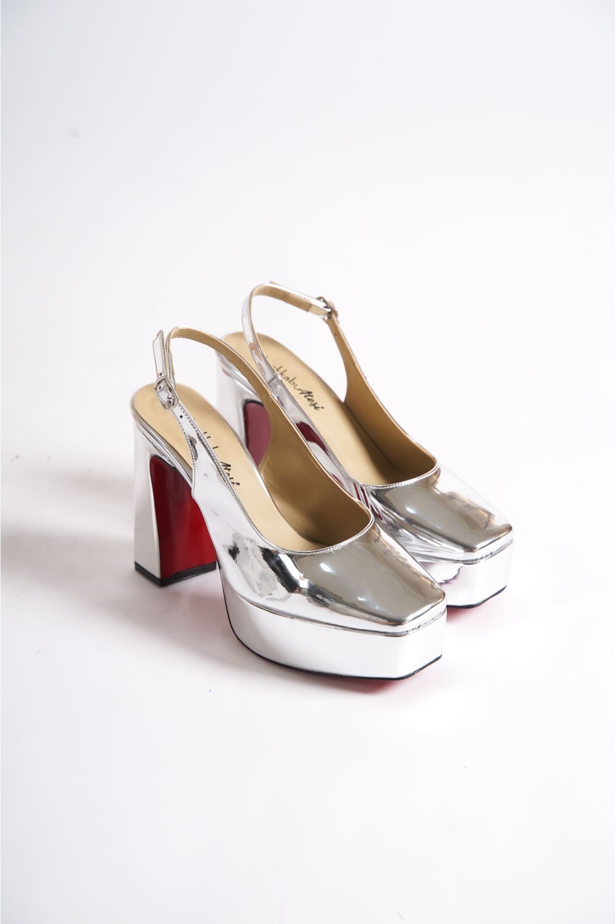 Gümüş  Ayna Özel Tasarım Orta Topuklu Kadın Topuklu Ayakkabı Chelsea