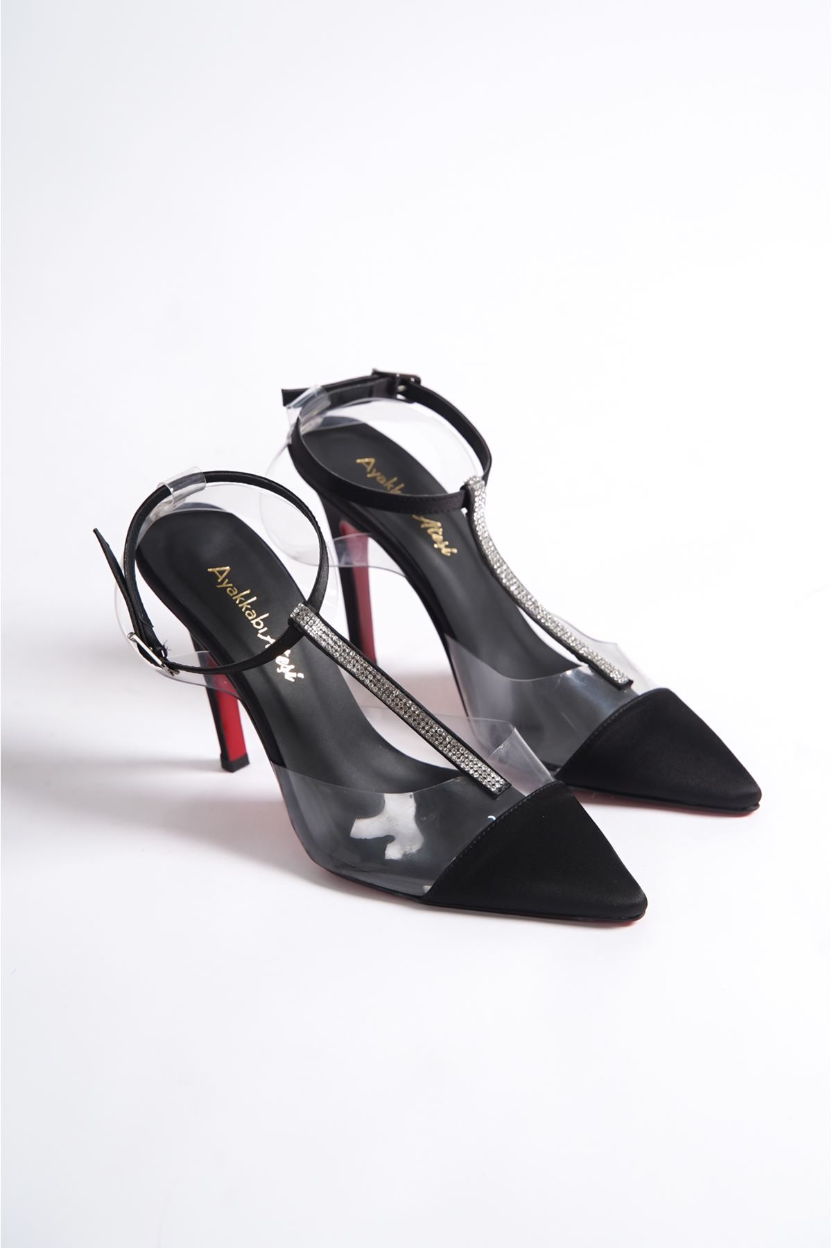 Siyah Saten Şeffaf Taşlı Özel Tasarım Kadın İnce Topuklu Ayakkabı Stiletto Katrina