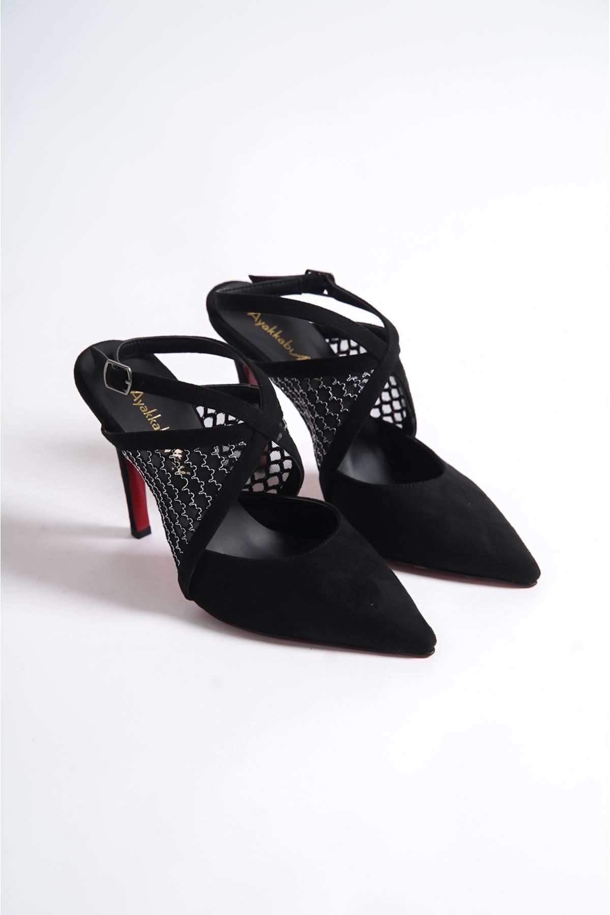 Siyah Süet Siyah File Detaylı  Özel Tasarım Kadın İnce Topuklu Ayakkabı Stiletto Harlow