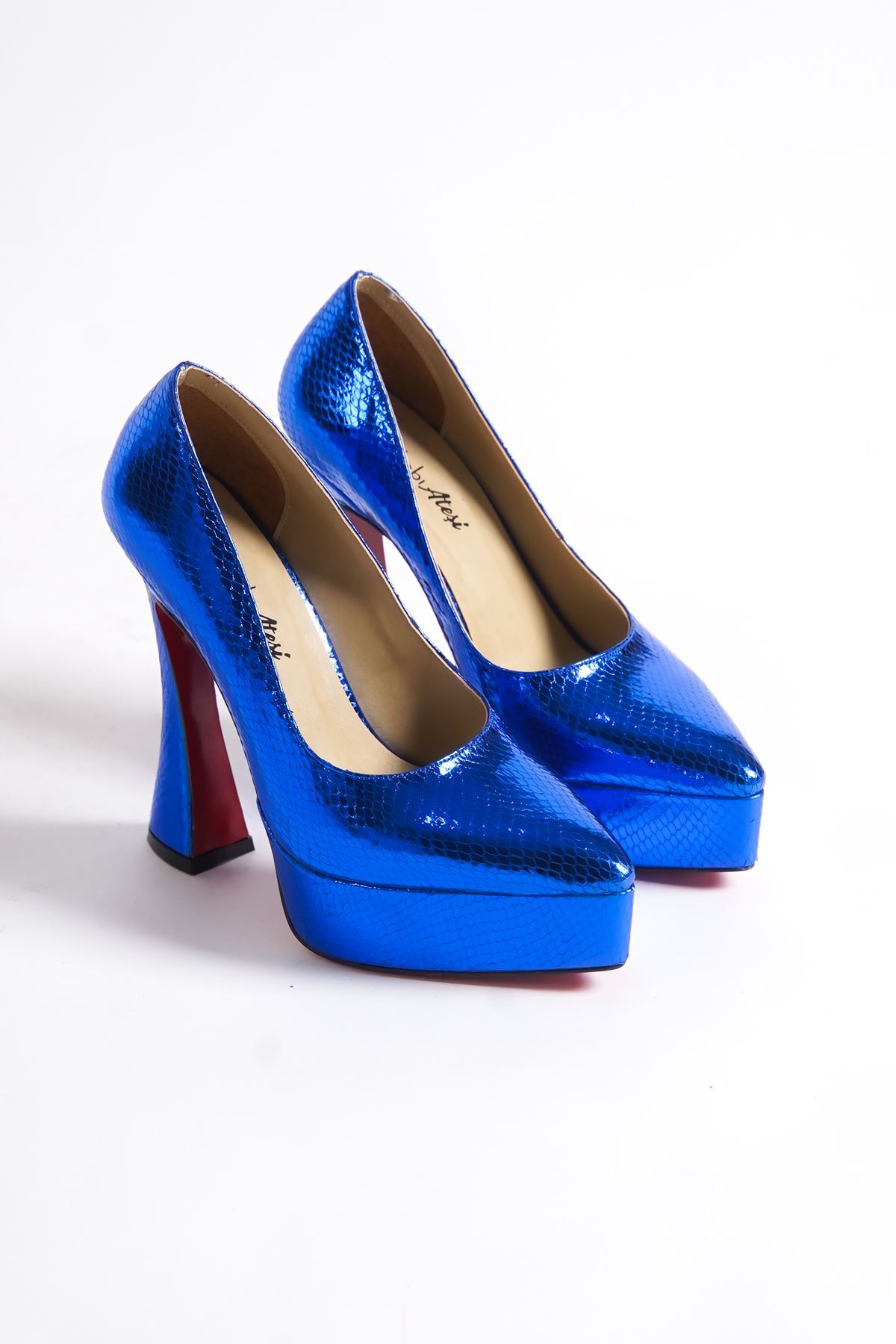 Mavi Parlak Yılan  Özel Tasarım Platform Kadın Ayakkabı Mila