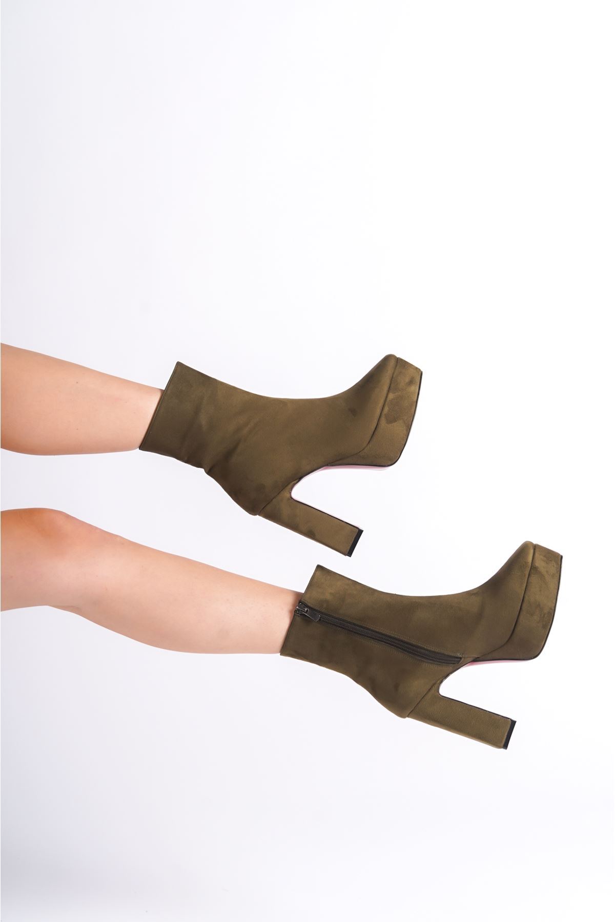 Haki Süet Platform Tasarım Kadın Çizme Orta Topuklu Ayakkabı Vito