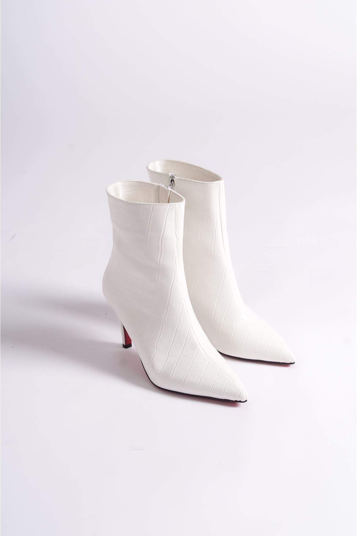 Beyaz Kroko Kadın İnce Topuklu Ayakkabı Stiletto Deco