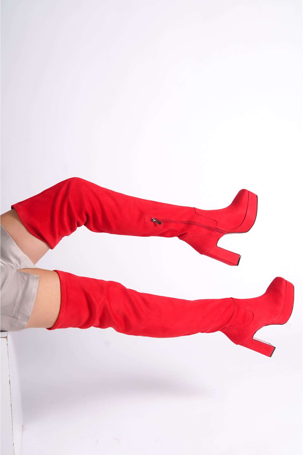 Kırmızı Süet Platform Tasarım Kadın Çizme Yüksek Topuklu Ayakkabı Valencia