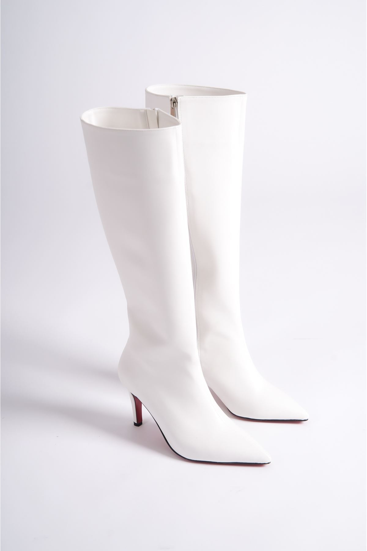 Beyaz Cilt Tasarım Kadın Çizme Yüksek Topuklu Ayakkabı Zelda
