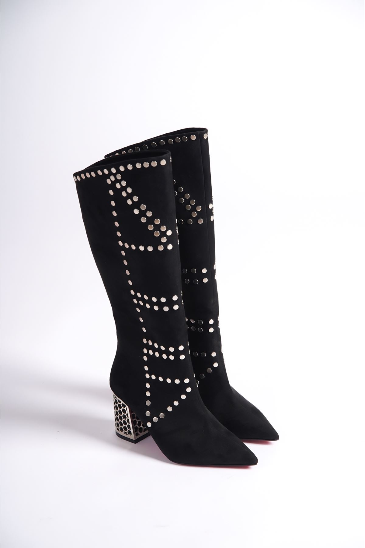 Siyah Süet Özel Tasarım Trok Detaylı Kadın Çizme Alçak Topuklu Ayakkabı Lotus