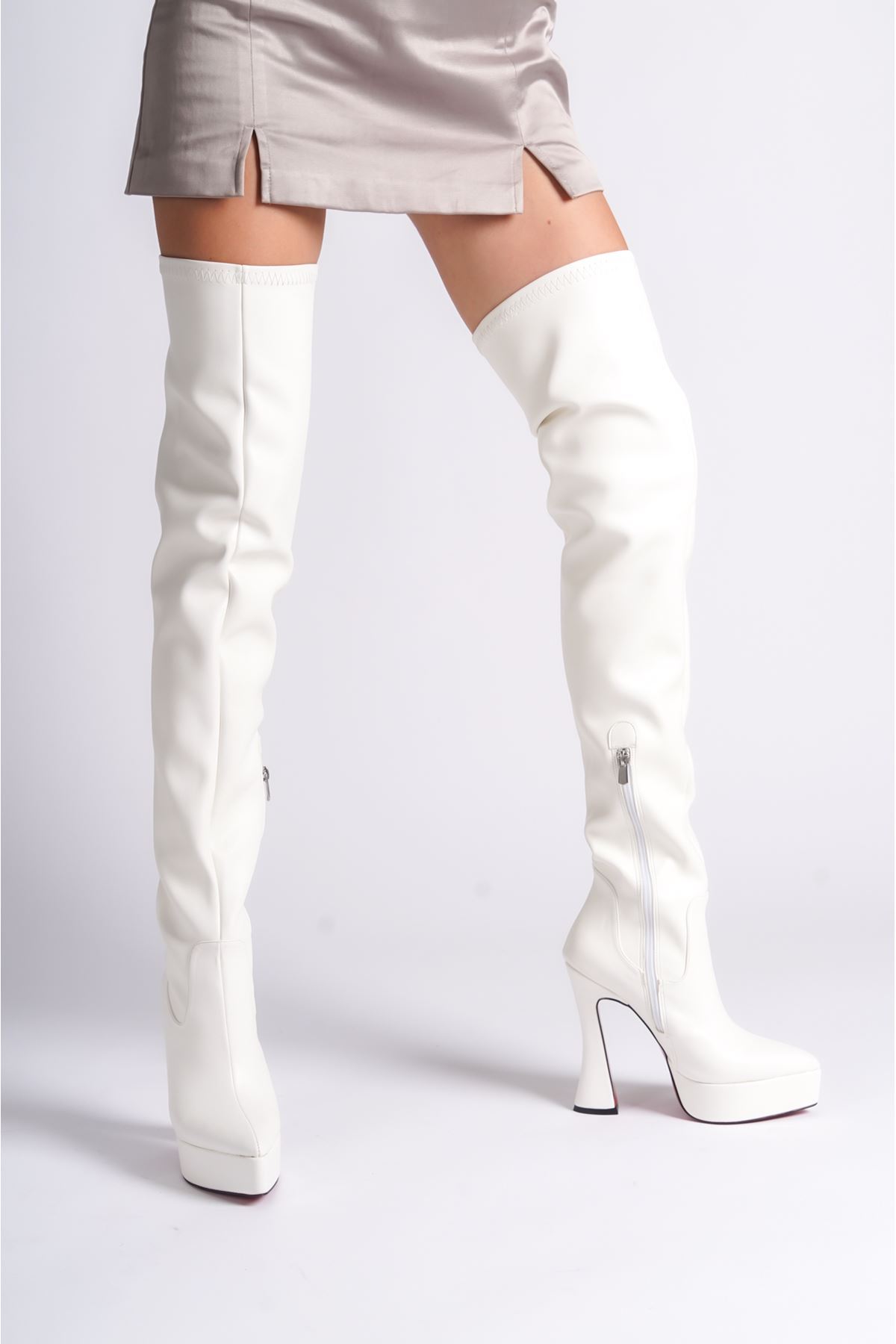 Beyaz Cilt Platform Tasarım Kadın Çizme Yüksek Topuklu Ayakkabı Cora