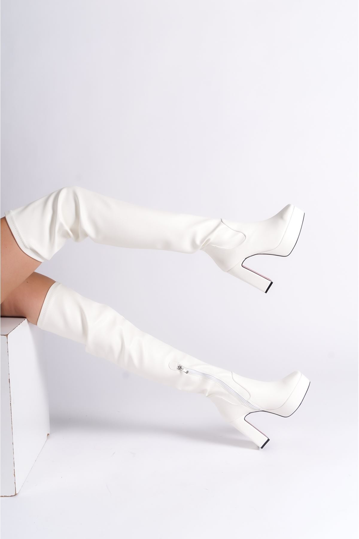 Beyaz Cilt Platform Tasarım Kadın Çizme Yüksek Topuklu Ayakkabı Valencia