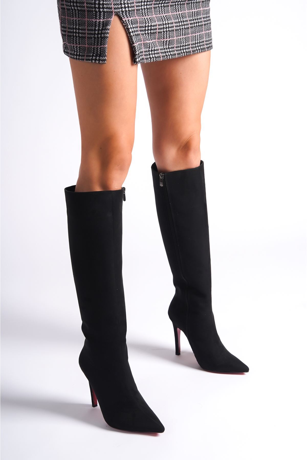 Siyah Süet Tasarım Kadın Çizme Yüksek Topuklu Ayakkabı Limbo