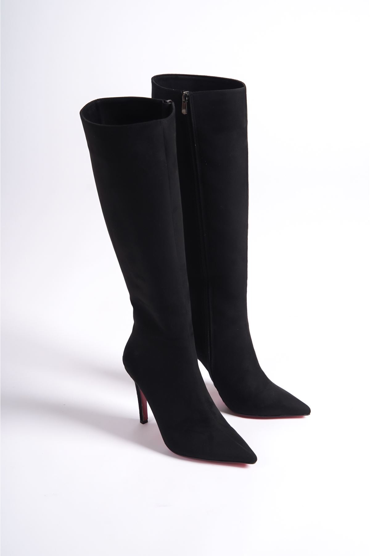 Siyah Süet Tasarım Kadın Çizme Yüksek Topuklu Ayakkabı Limbo