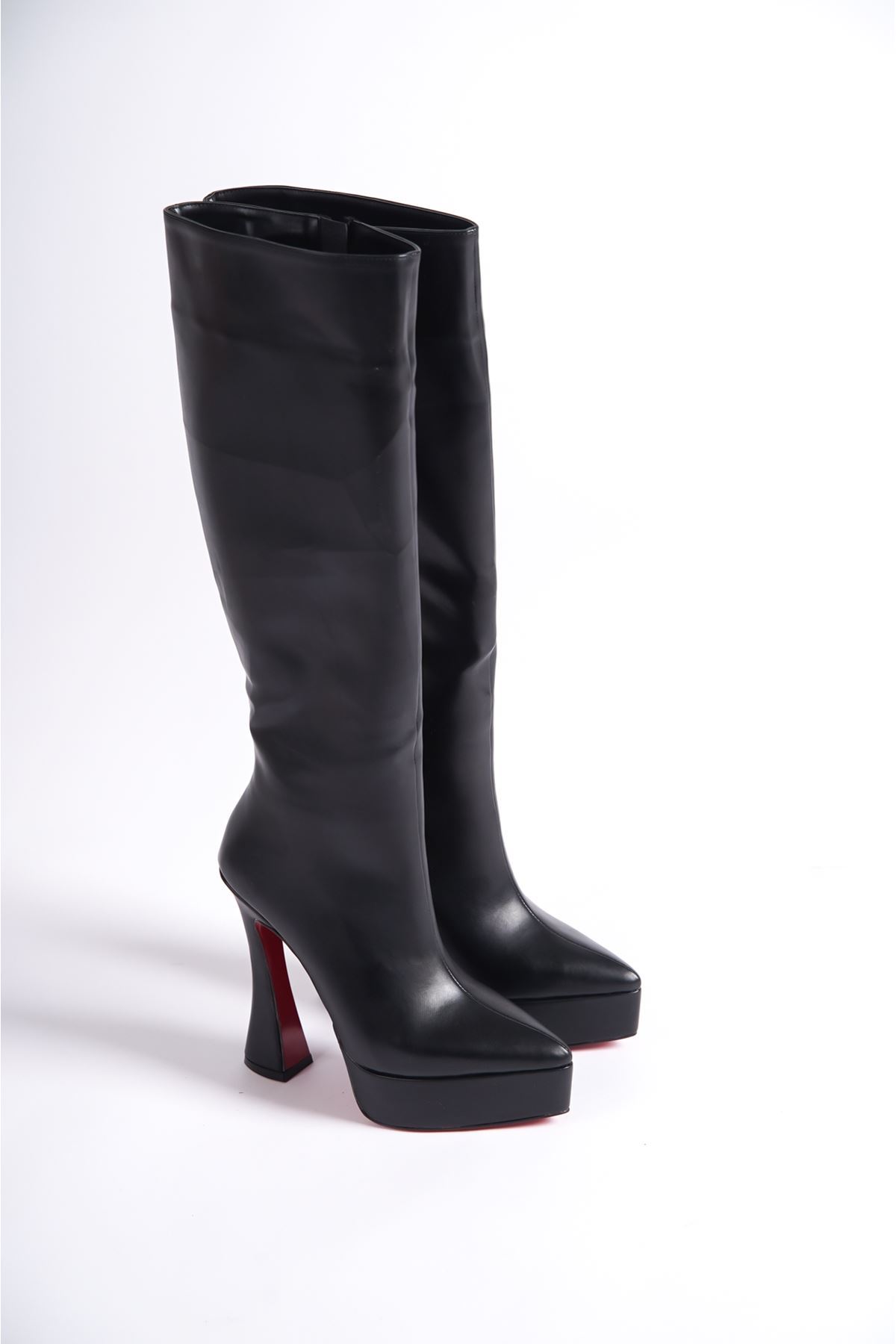 Siyah Cilt Platform Tasarım Kadın Çizme Yüksek Topuklu Ayakkabı Violet