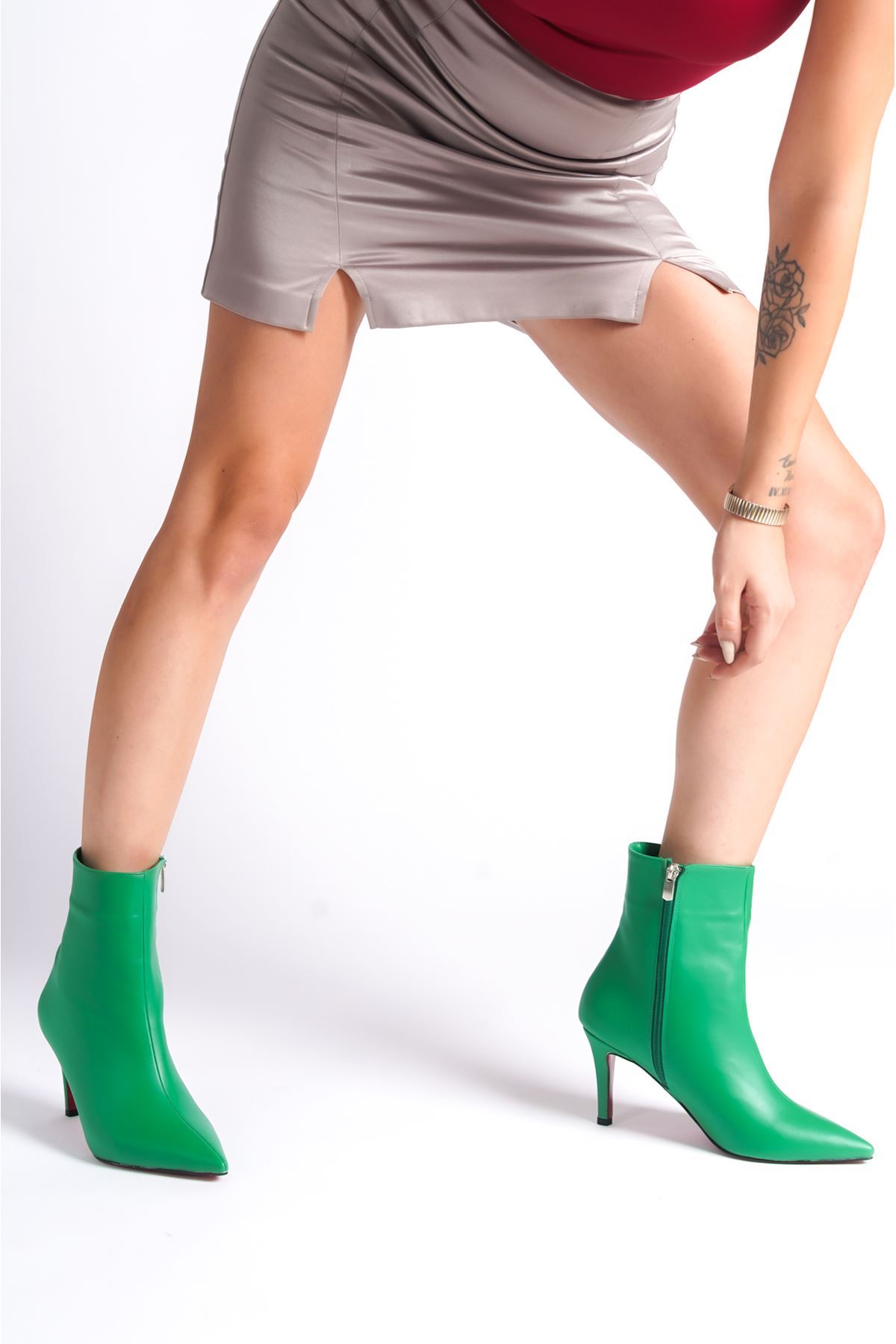 Yeşil Cilt Kadın İnce Topuklu Ayakkabı Stiletto Deco