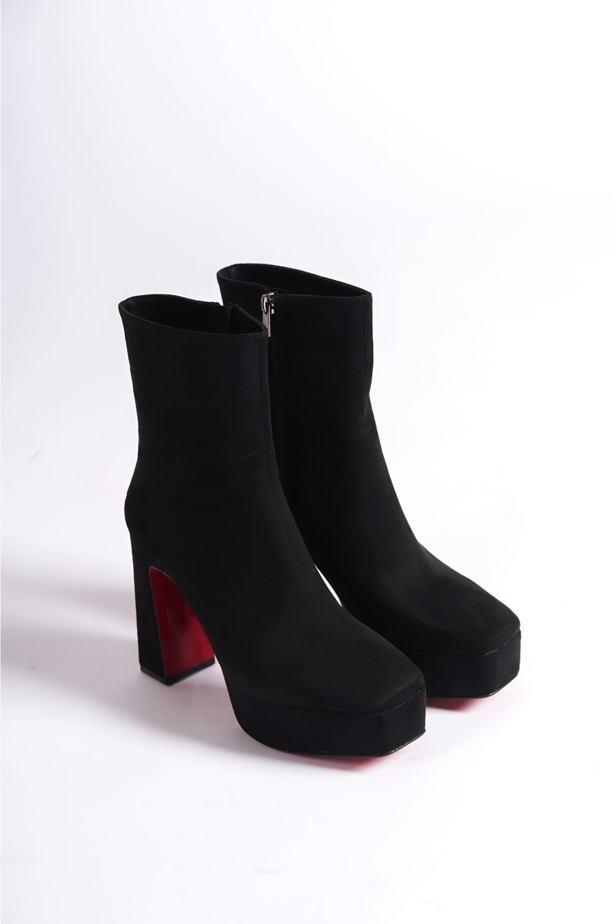 Siyah Süet Platform Tasarım Kadın Çizme Orta Topuklu Ayakkabı Vito