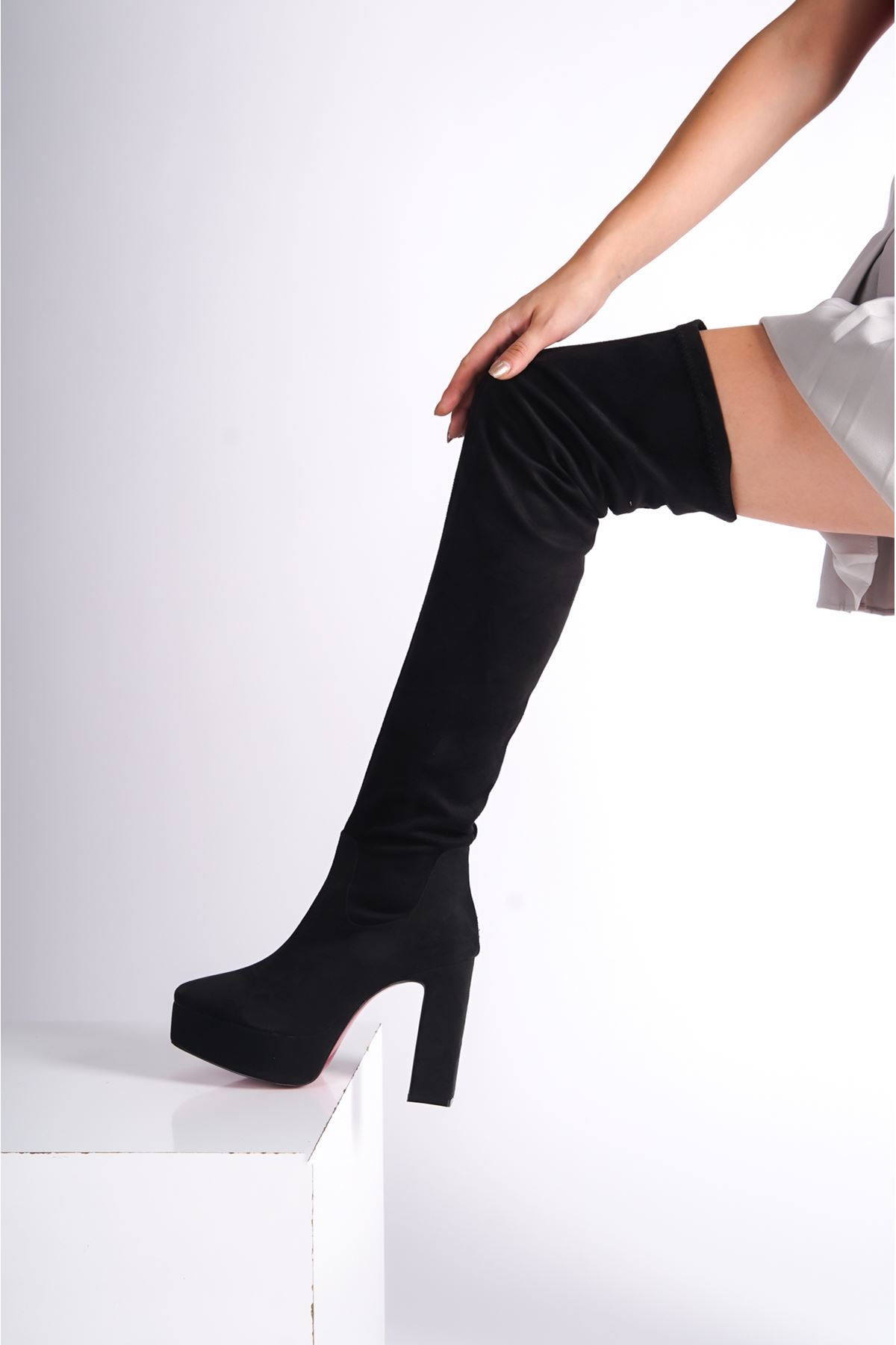 Siyah Süet Platform Tasarım Kadın Çizme Yüksek Topuklu Ayakkabı Valencia