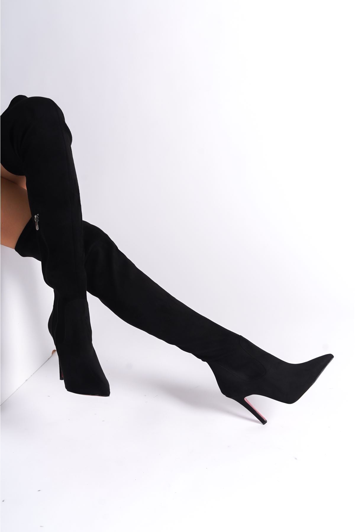 Siyah Süet streç  Platform Tasarım Kadın Çizme Yüksek Topuklu Ayakkabı Anjelika
