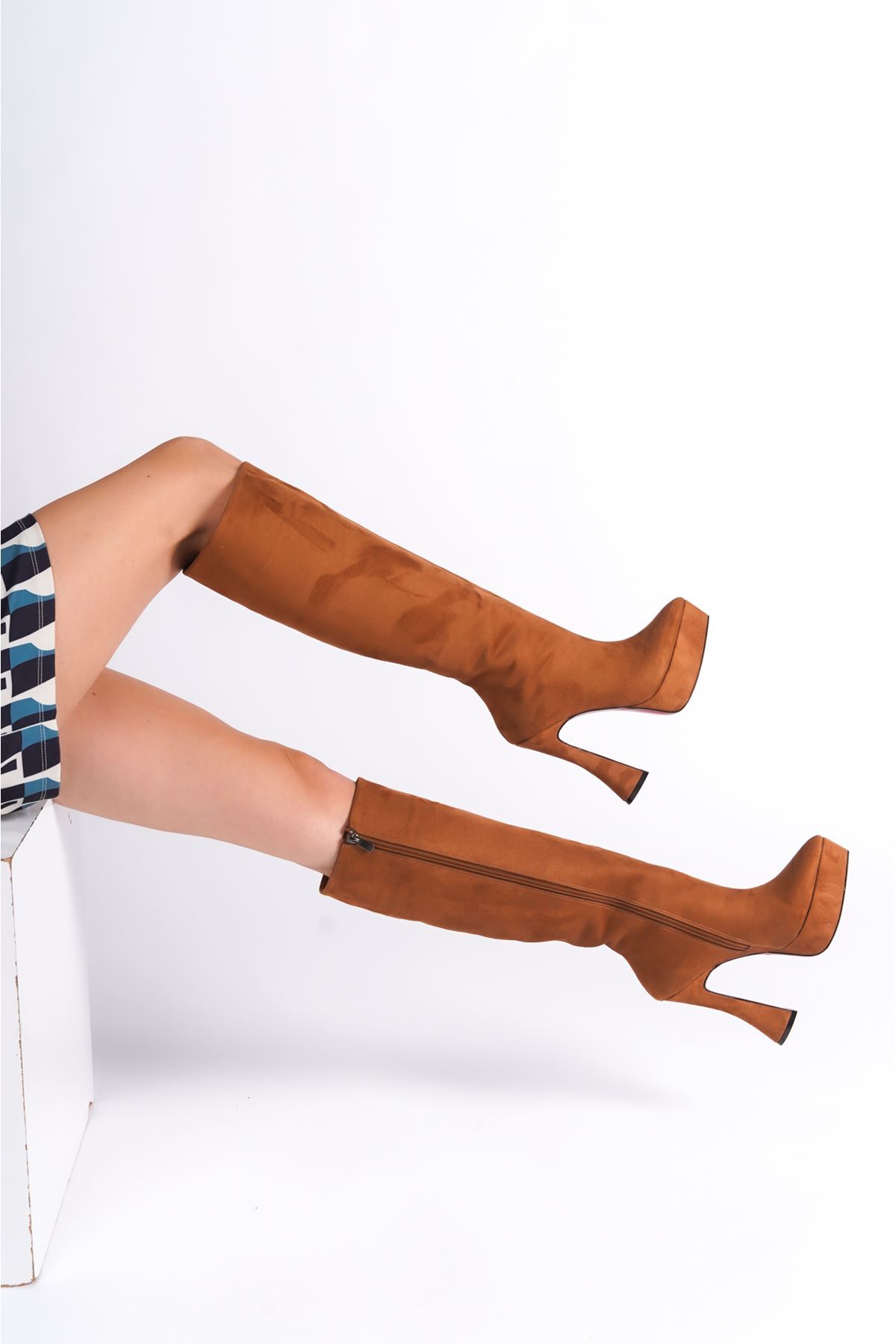 Taba Süet Platform Tasarım Kadın Çizme Yüksek Topuklu Ayakkabı Violet
