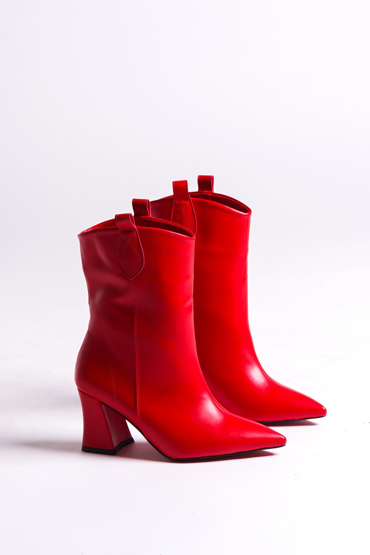 Kırmızı Cilt Tasarım Kadın Bot Alçak Topuklu Ayakkabı Berry
