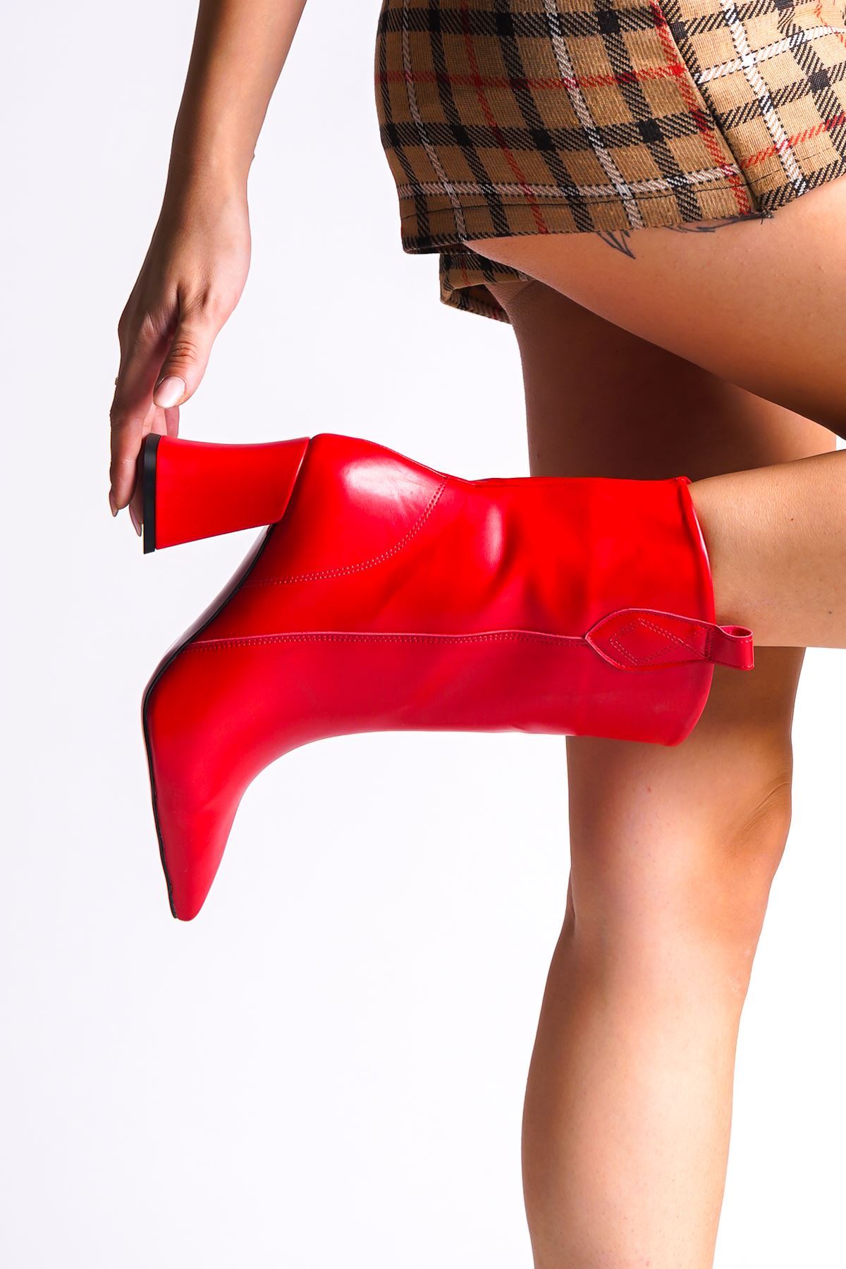 Kırmızı Cilt Tasarım Kadın Bot Alçak Topuklu Ayakkabı Berry
